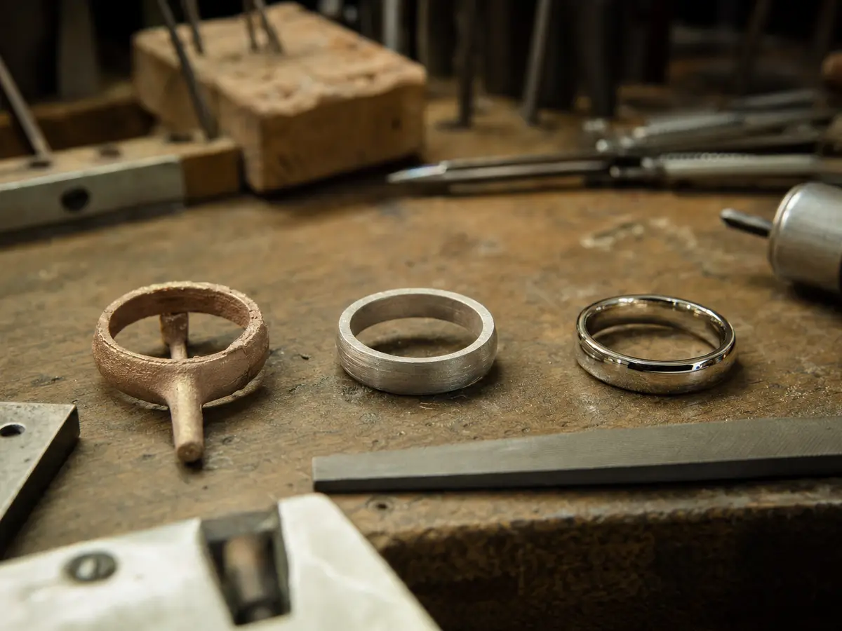 Three stages of one ring, from raw casting to polished, laid out on the bench
