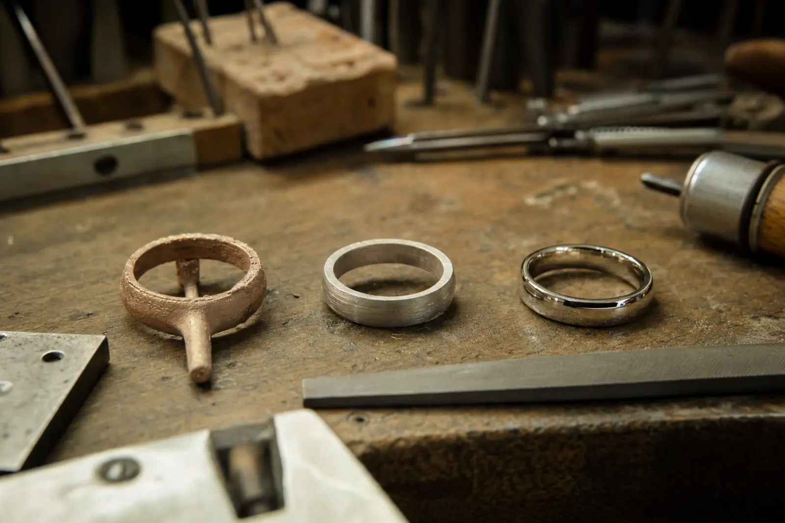 Three stages of one ring, from raw casting to polished, laid out on the bench