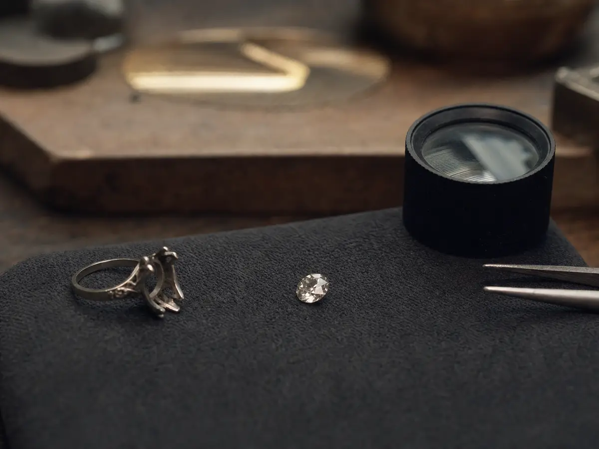A loose old-cut diamond resting on a jeweller's cloth beside an empty setting