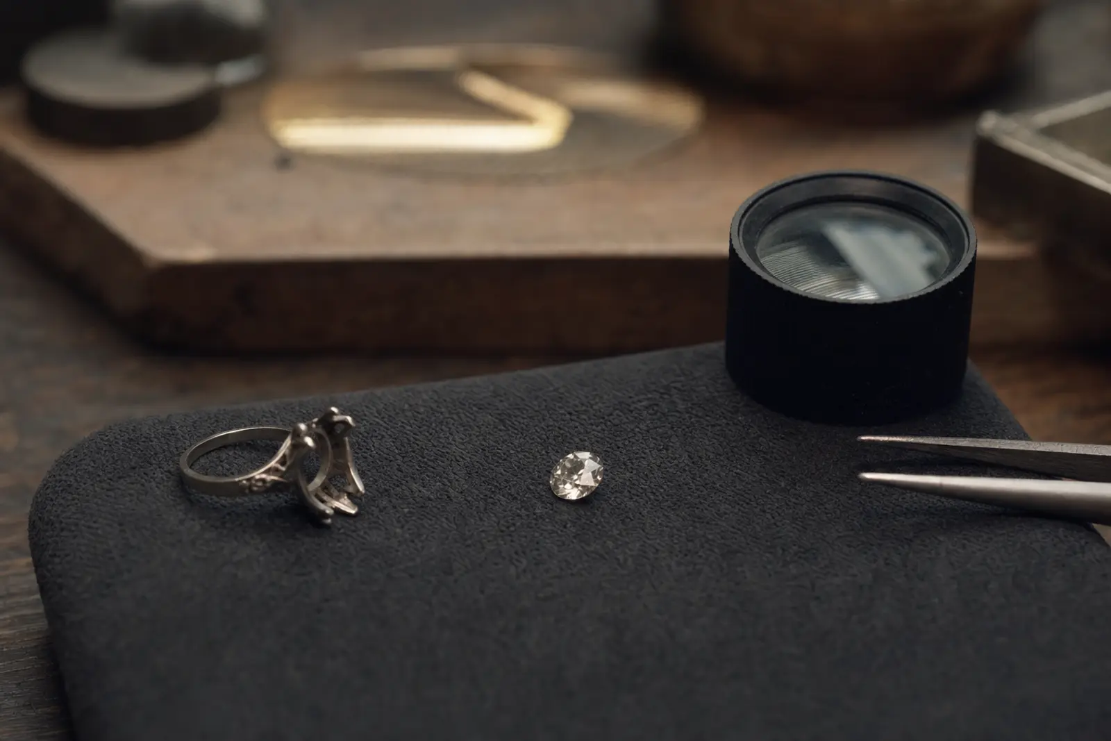 A loose old-cut diamond resting on a jeweller's cloth beside an empty setting