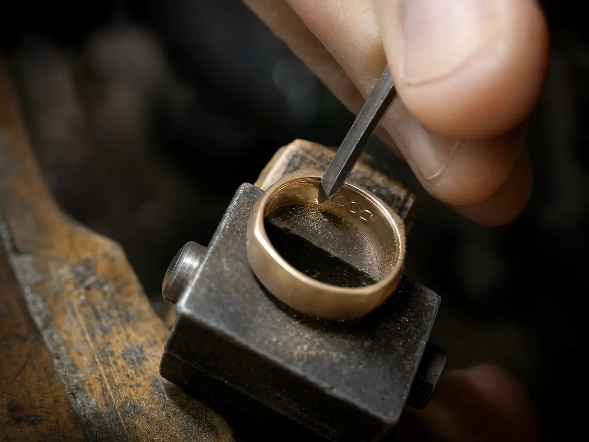 A graver cutting a line of engraving inside a wedding band