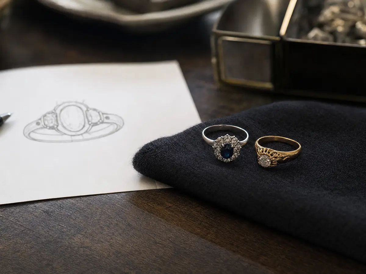Two family rings laid beside a sketch showing how their stones will combine