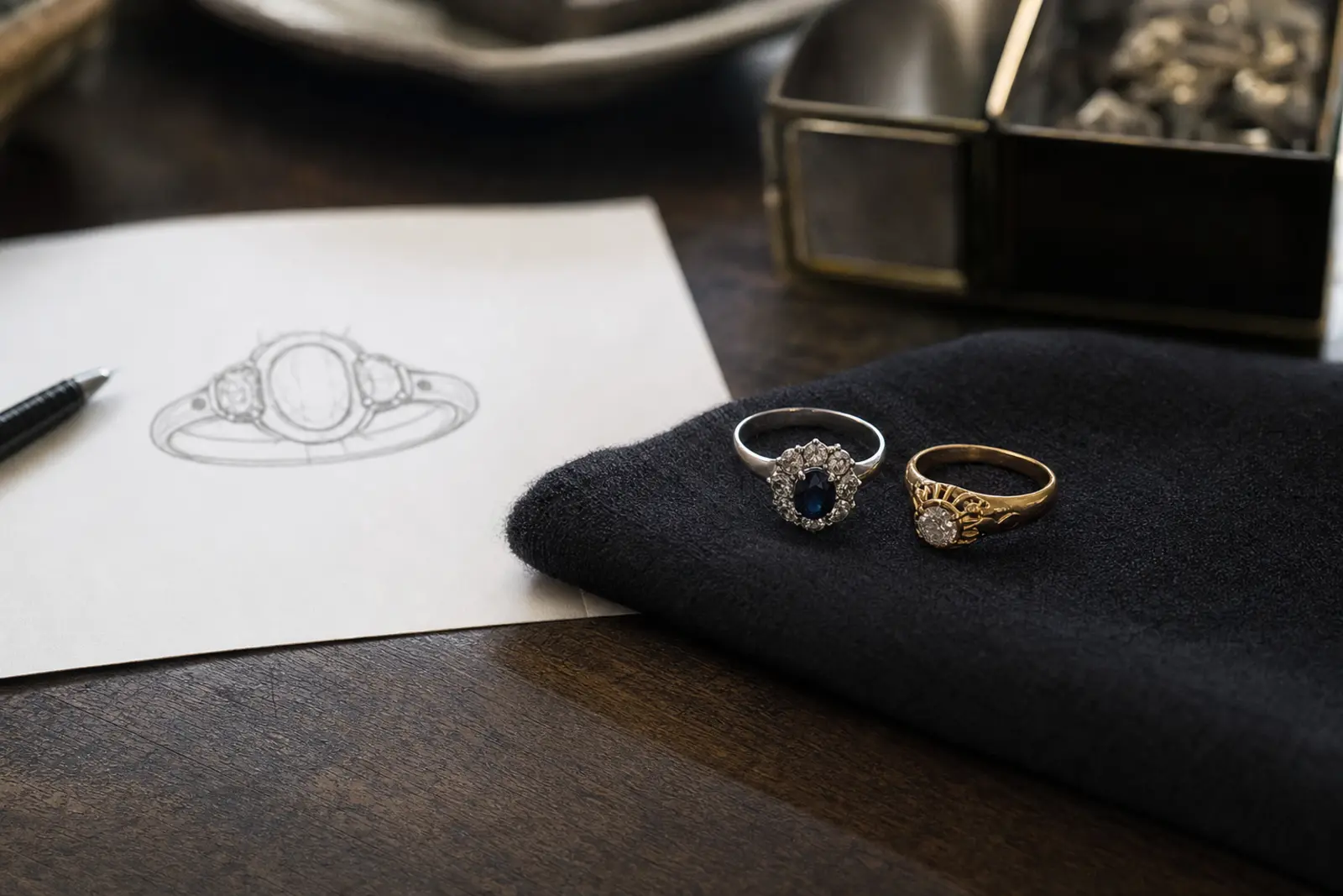 Two family rings laid beside a sketch showing how their stones will combine