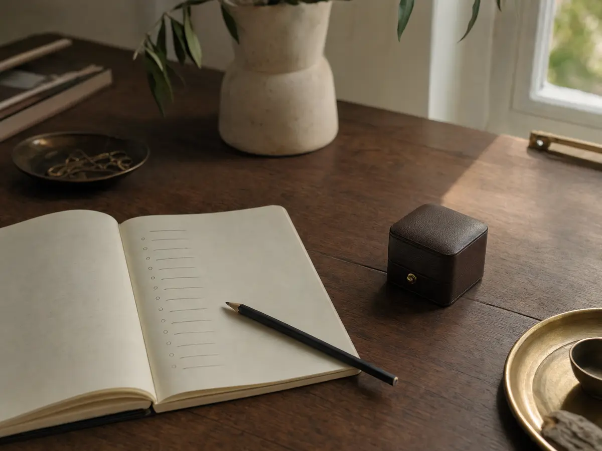 A hand-drawn proposal planning timeline in a notebook beside a closed ring box