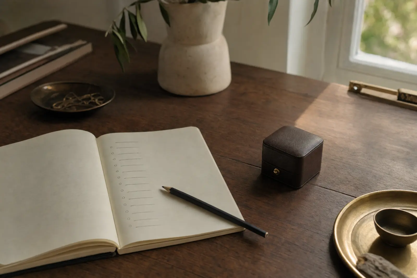 A hand-drawn proposal planning timeline in a notebook beside a closed ring box