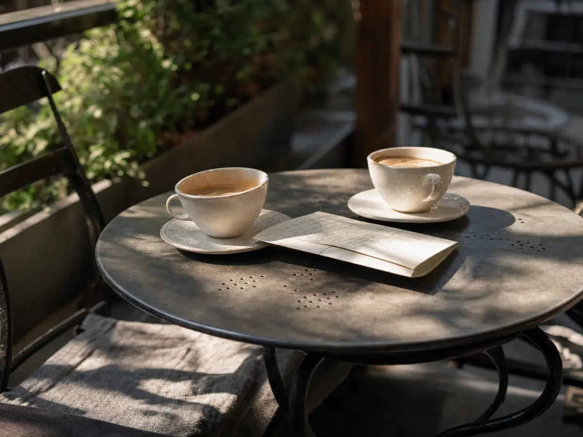 Two coffee cups on a small outdoor table with a folded note between them
