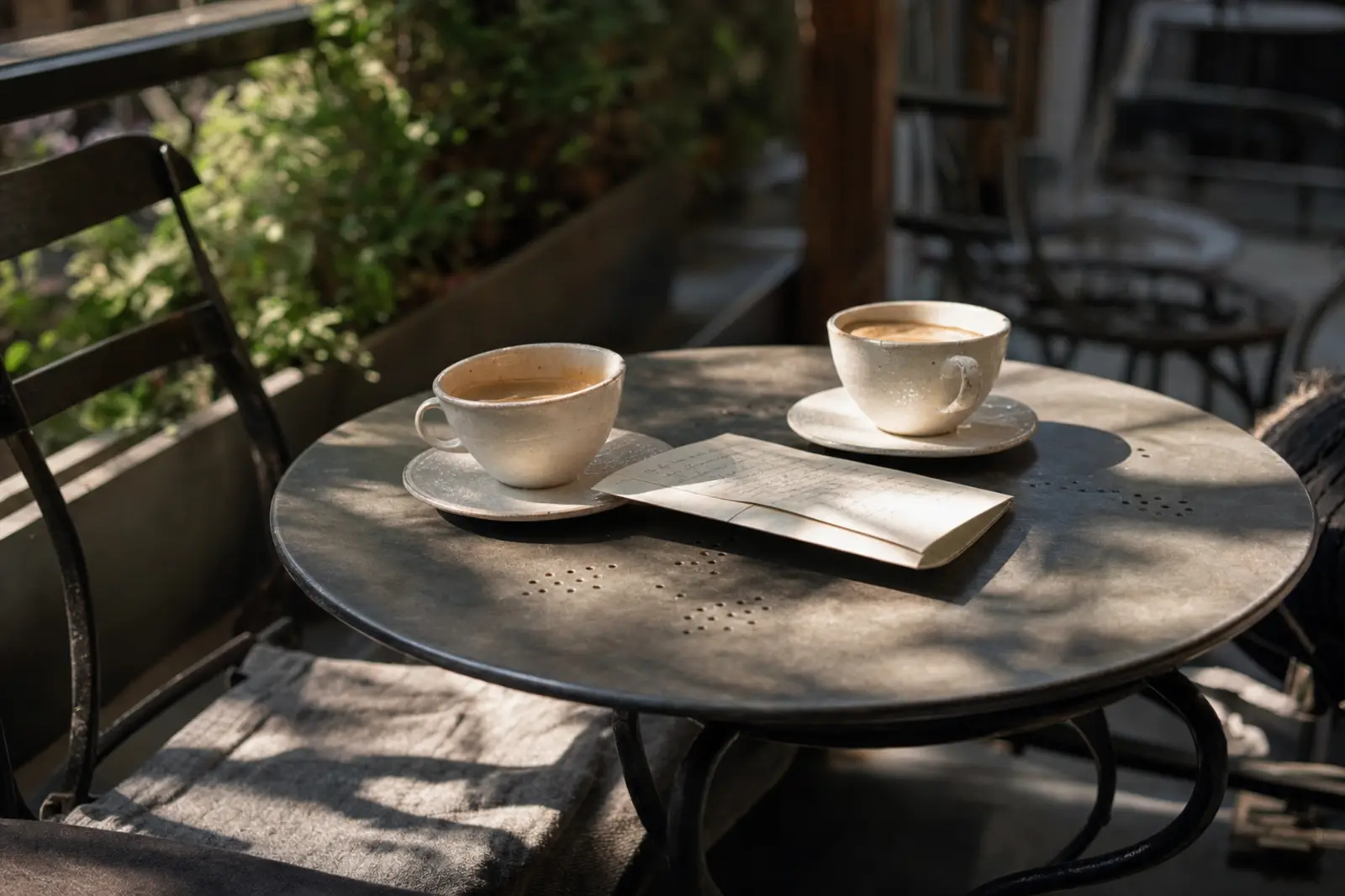 Two coffee cups on a small outdoor table with a folded note between them