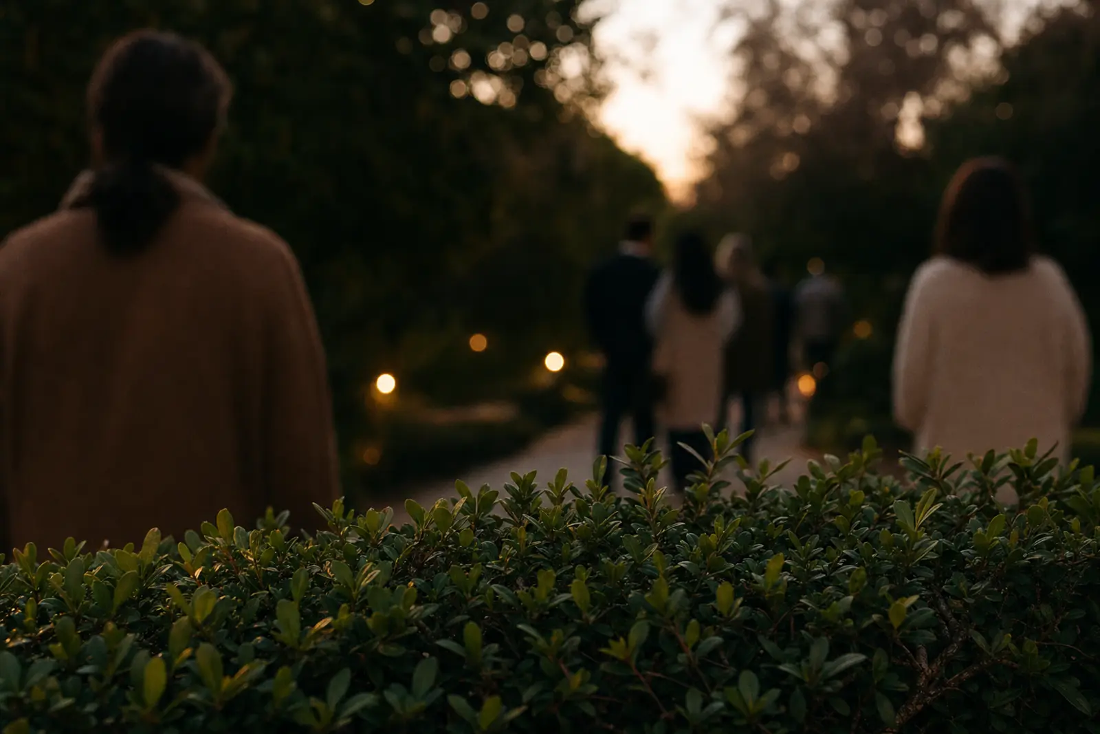 A small group of blurred figures waiting at a distance behind a garden hedge