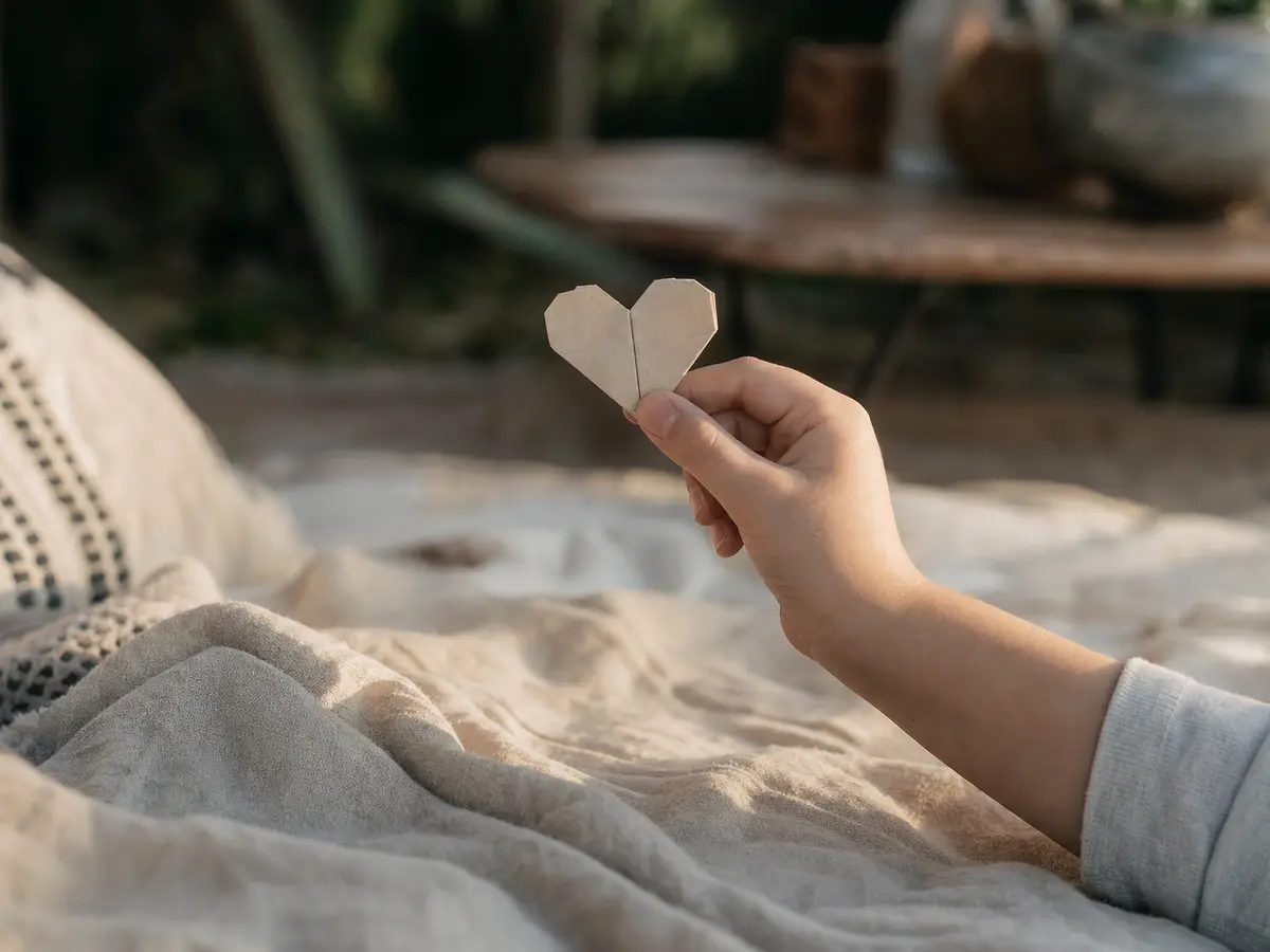A child's small hand holding a folded paper heart on a picnic blanket
