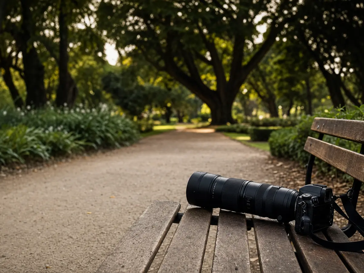 A long camera lens resting on a park bench, angled away toward a distant path