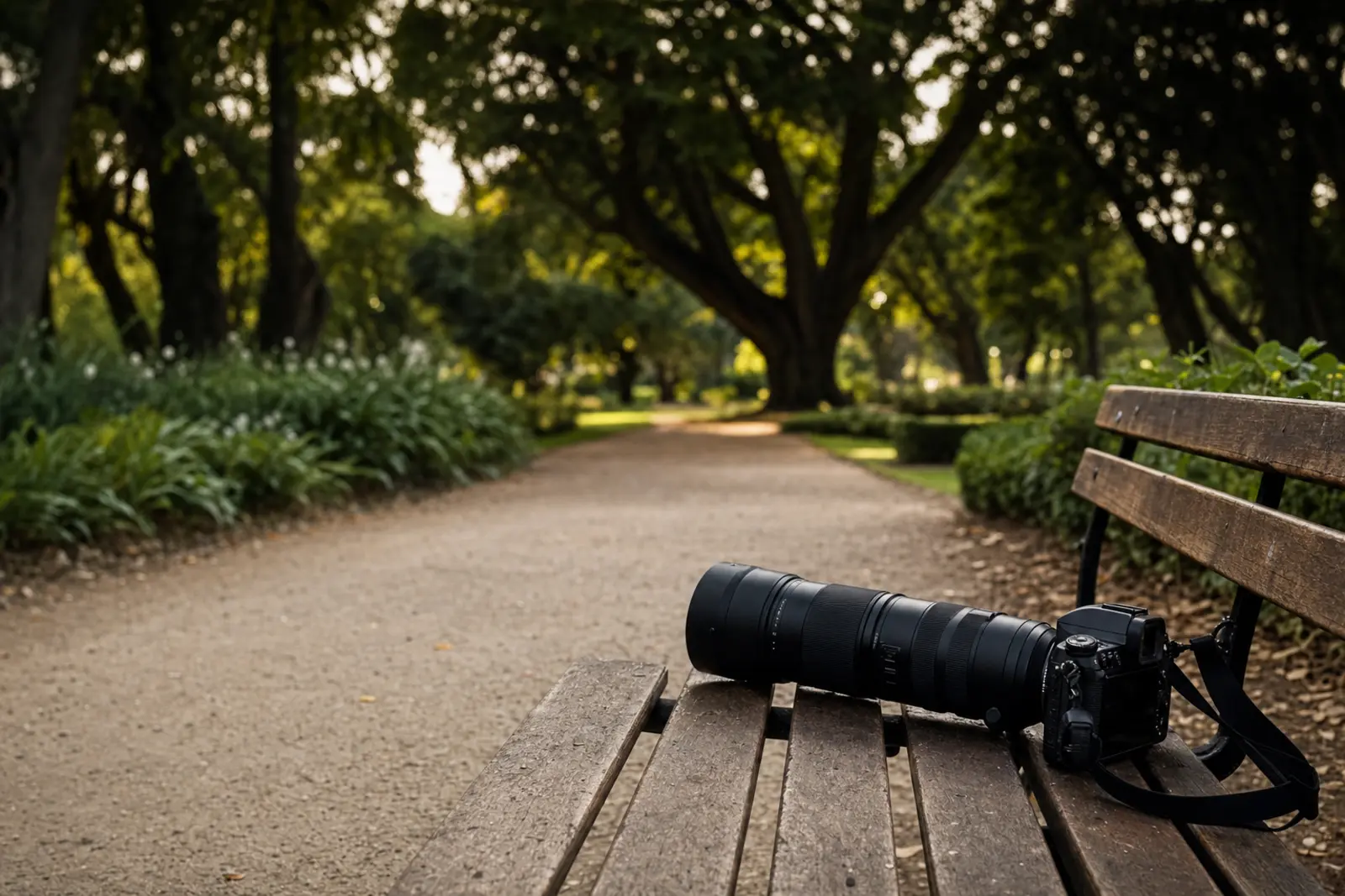 A long camera lens resting on a park bench, angled away toward a distant path