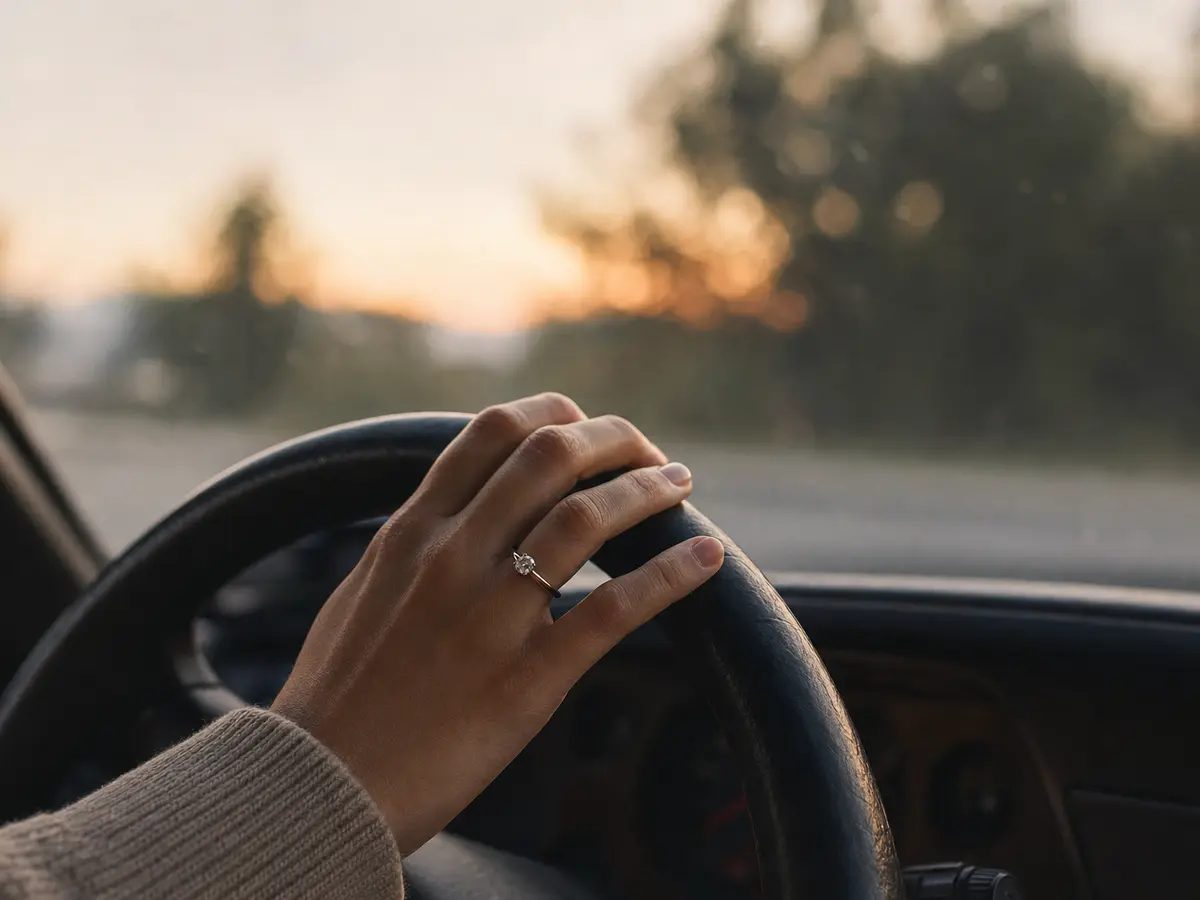 A hand wearing a new ring resting on a car steering wheel at dusk