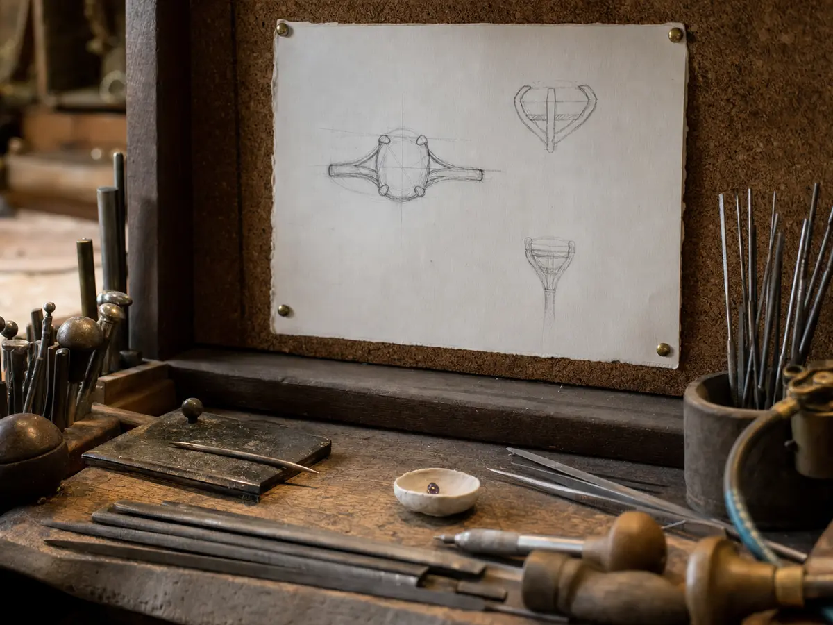 An engagement ring design sketch pinned above a jeweller's workbench mid-project