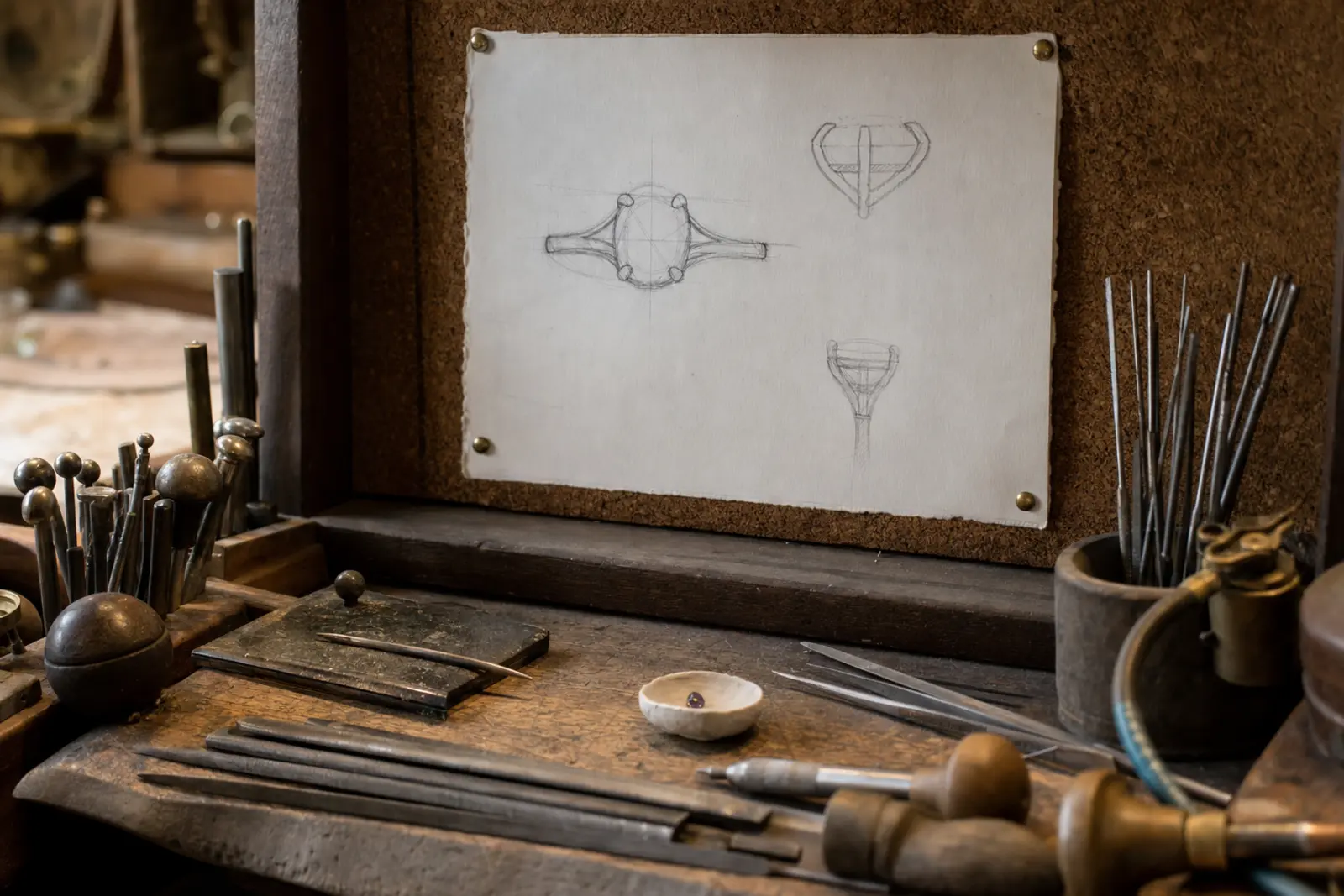 An engagement ring design sketch pinned above a jeweller's workbench mid-project