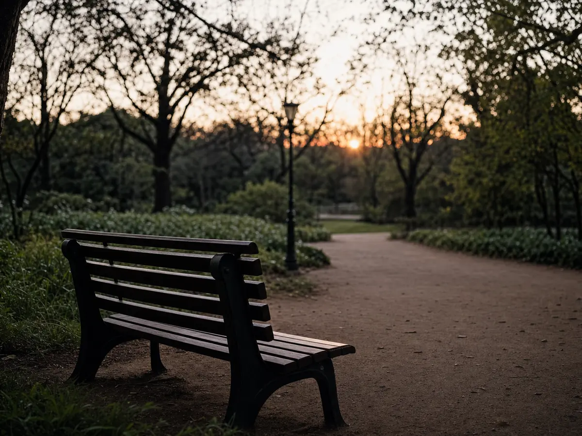 An empty park bench facing a quiet path at dusk with no one seated