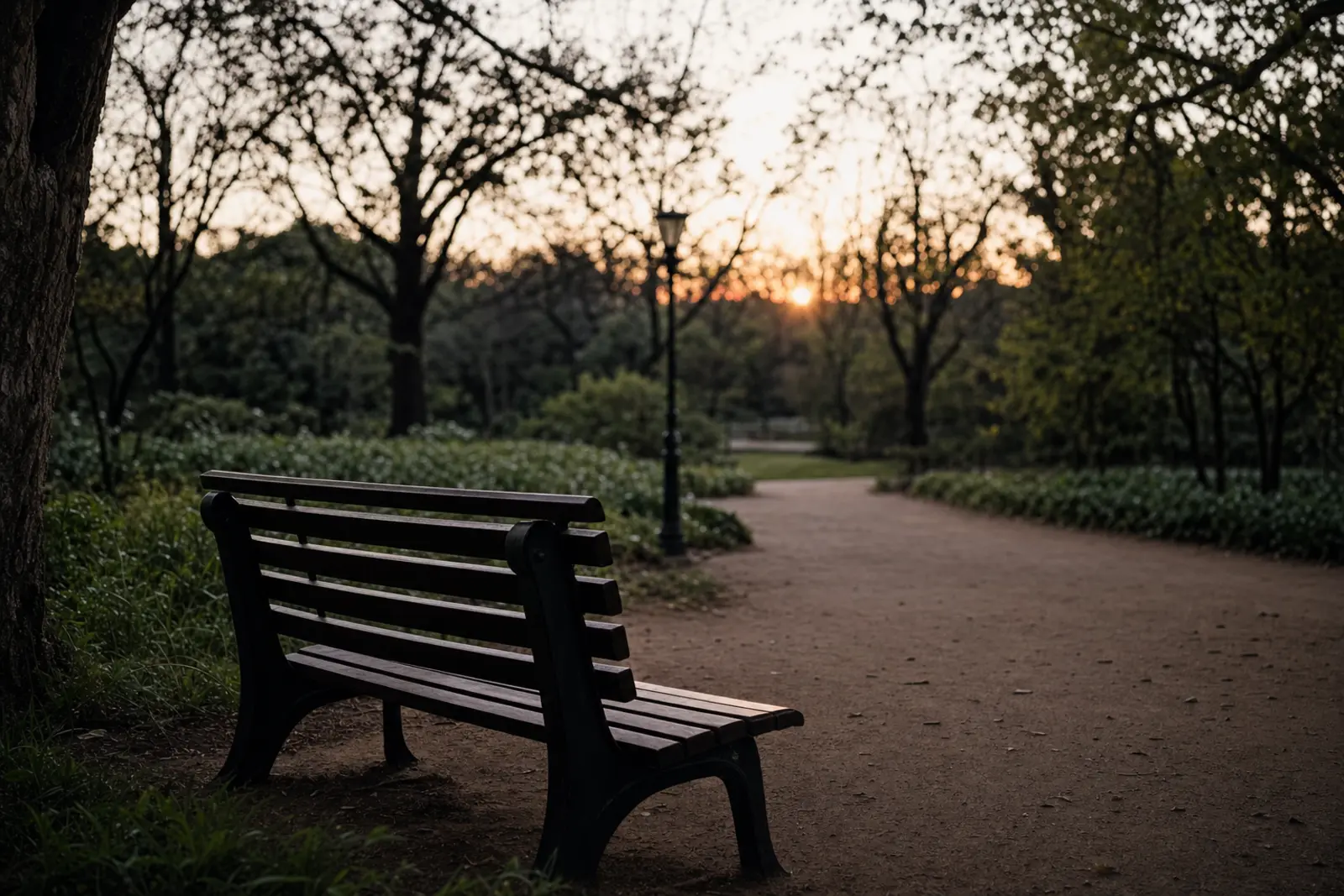 An empty park bench facing a quiet path at dusk with no one seated