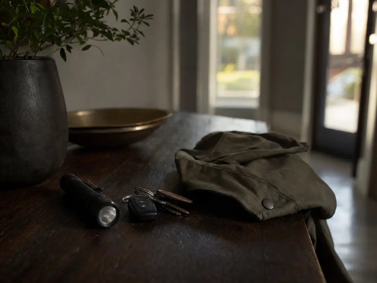A torch and a set of car keys placed beside a folded jacket on a hallway table before dusk