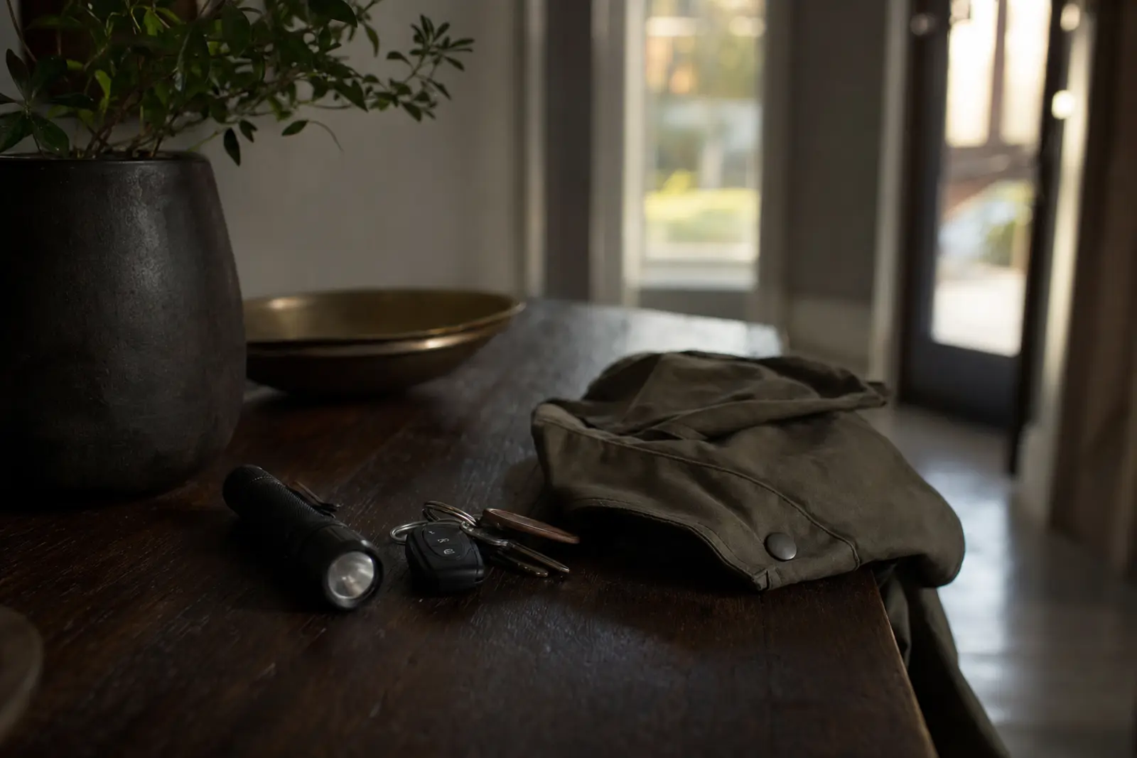 A torch and a set of car keys placed beside a folded jacket on a hallway table before dusk