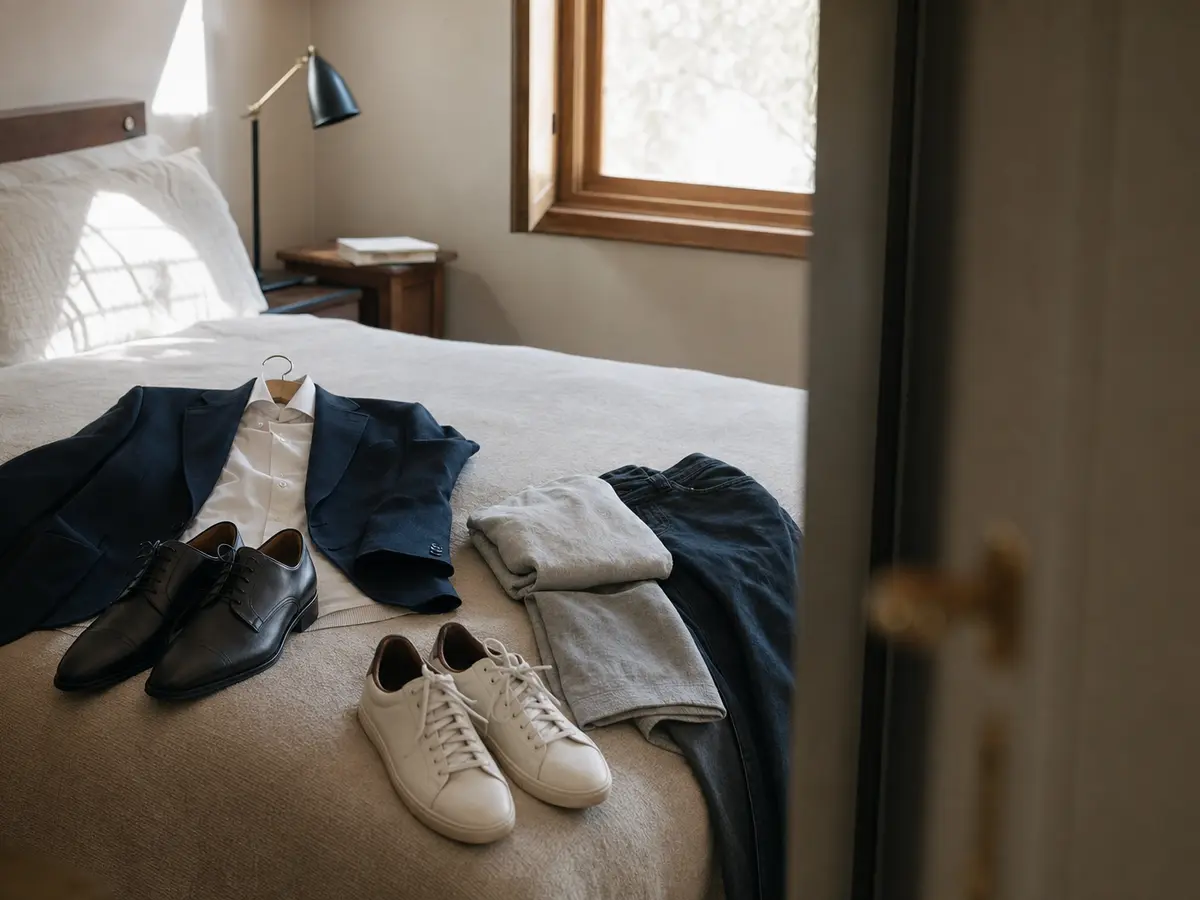 A jacket and a pair of smart shoes laid out on a bed beside an ordinary weekday outfit