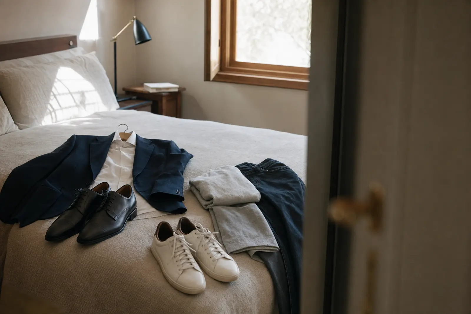 A jacket and a pair of smart shoes laid out on a bed beside an ordinary weekday outfit