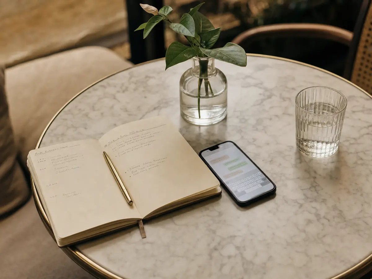 A planner's notebook and phone open on a café table beside a folded proposal itinerary