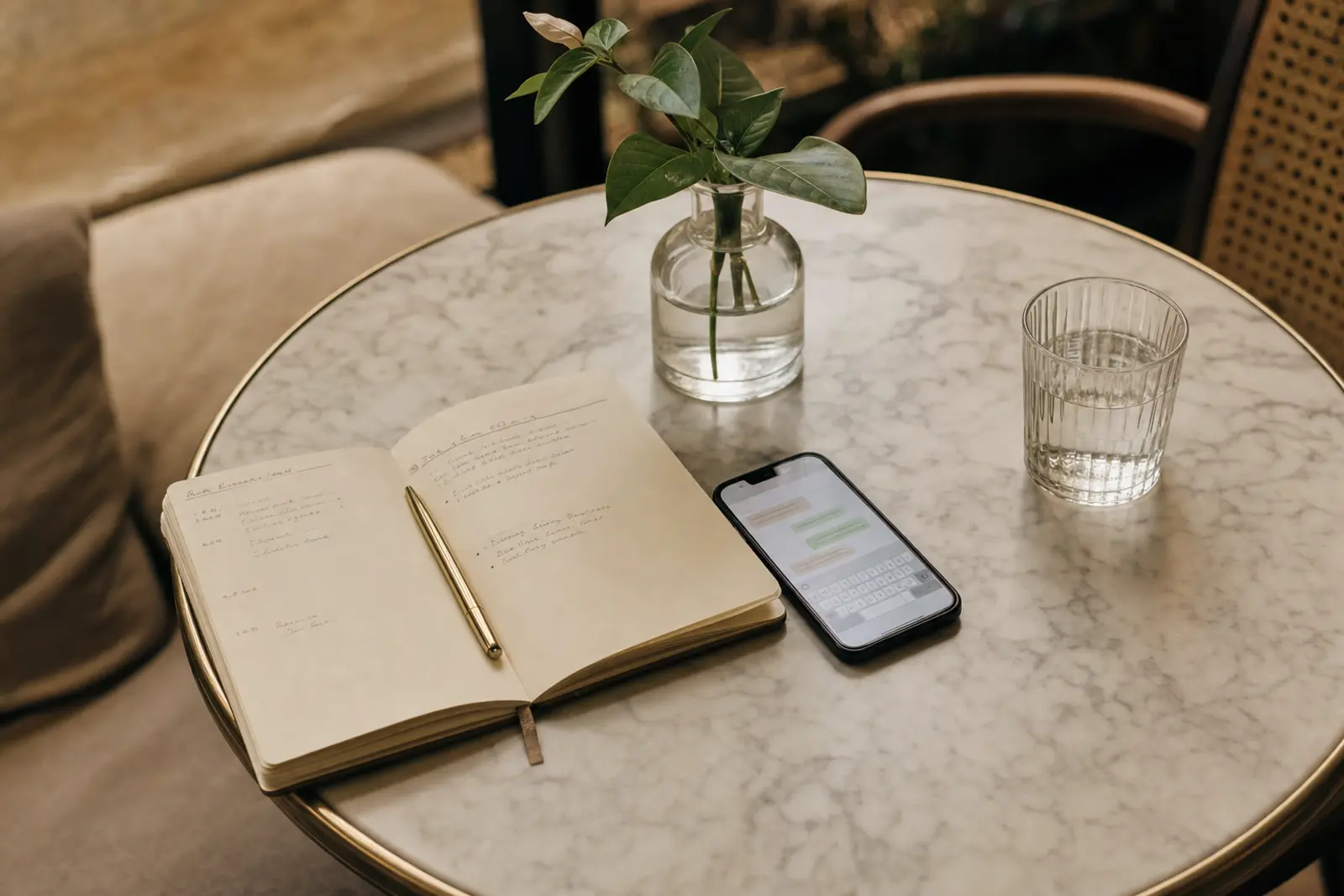 A planner's notebook and phone open on a café table beside a folded proposal itinerary