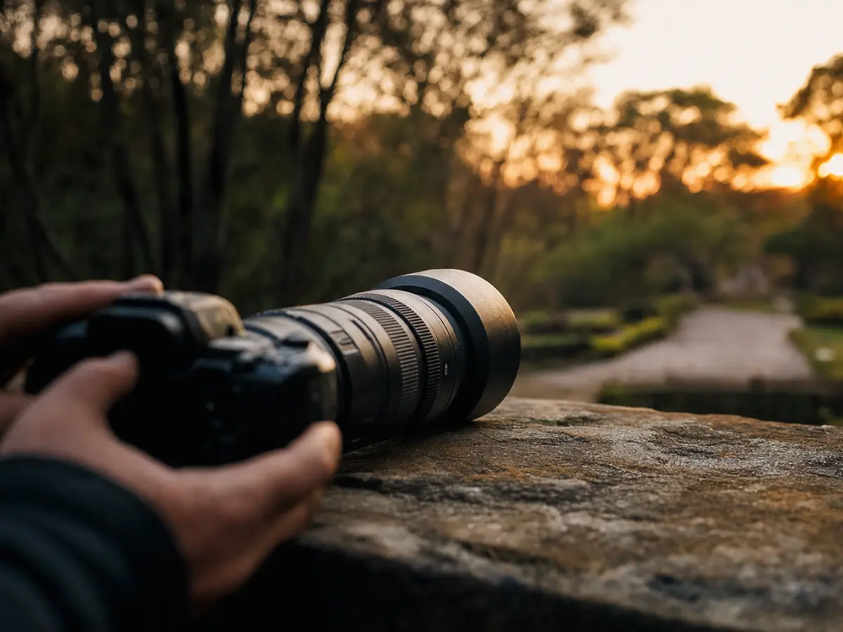 A long telephoto lens resting on a low wall, aimed toward a distant garden path at dusk
