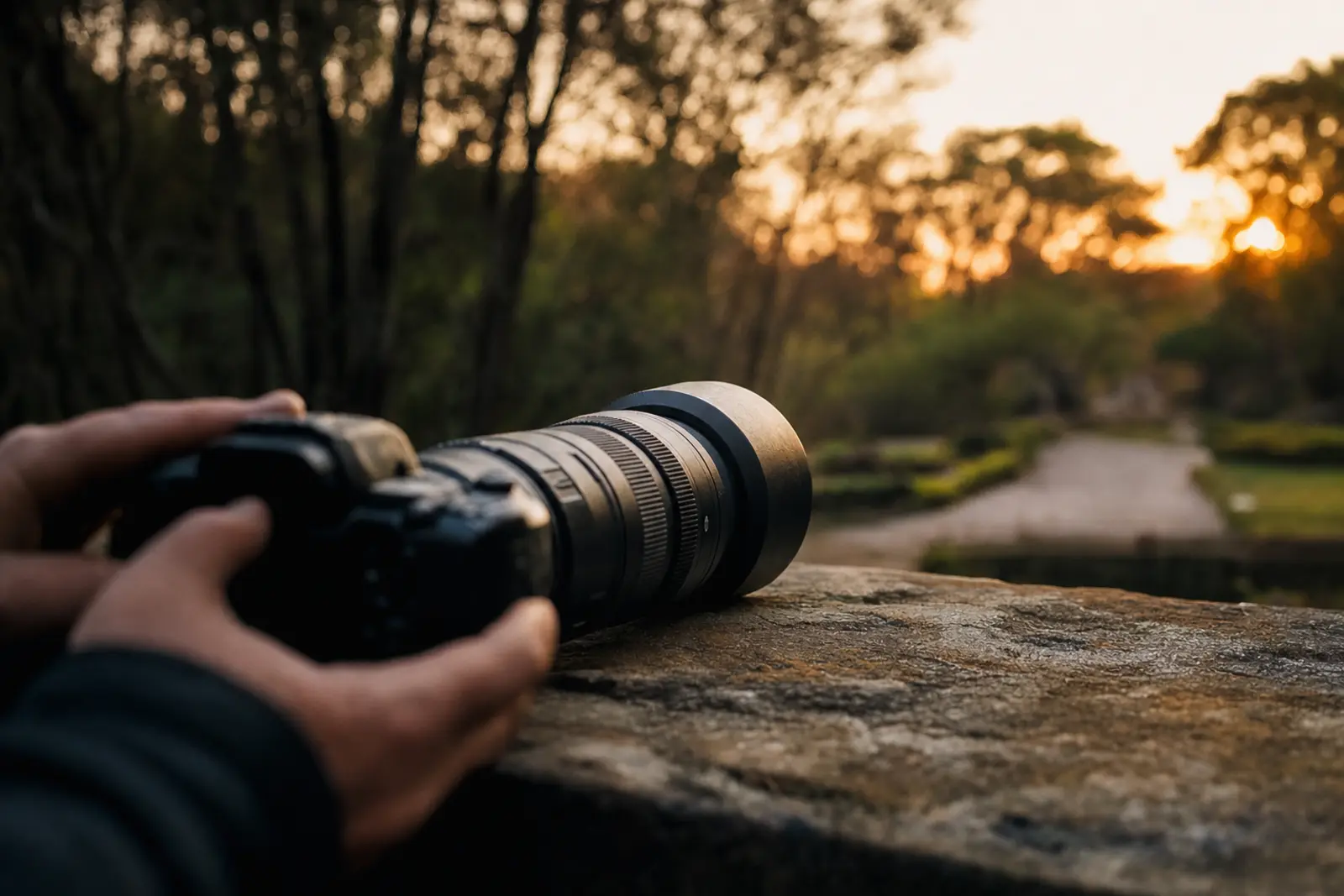 A long telephoto lens resting on a low wall, aimed toward a distant garden path at dusk