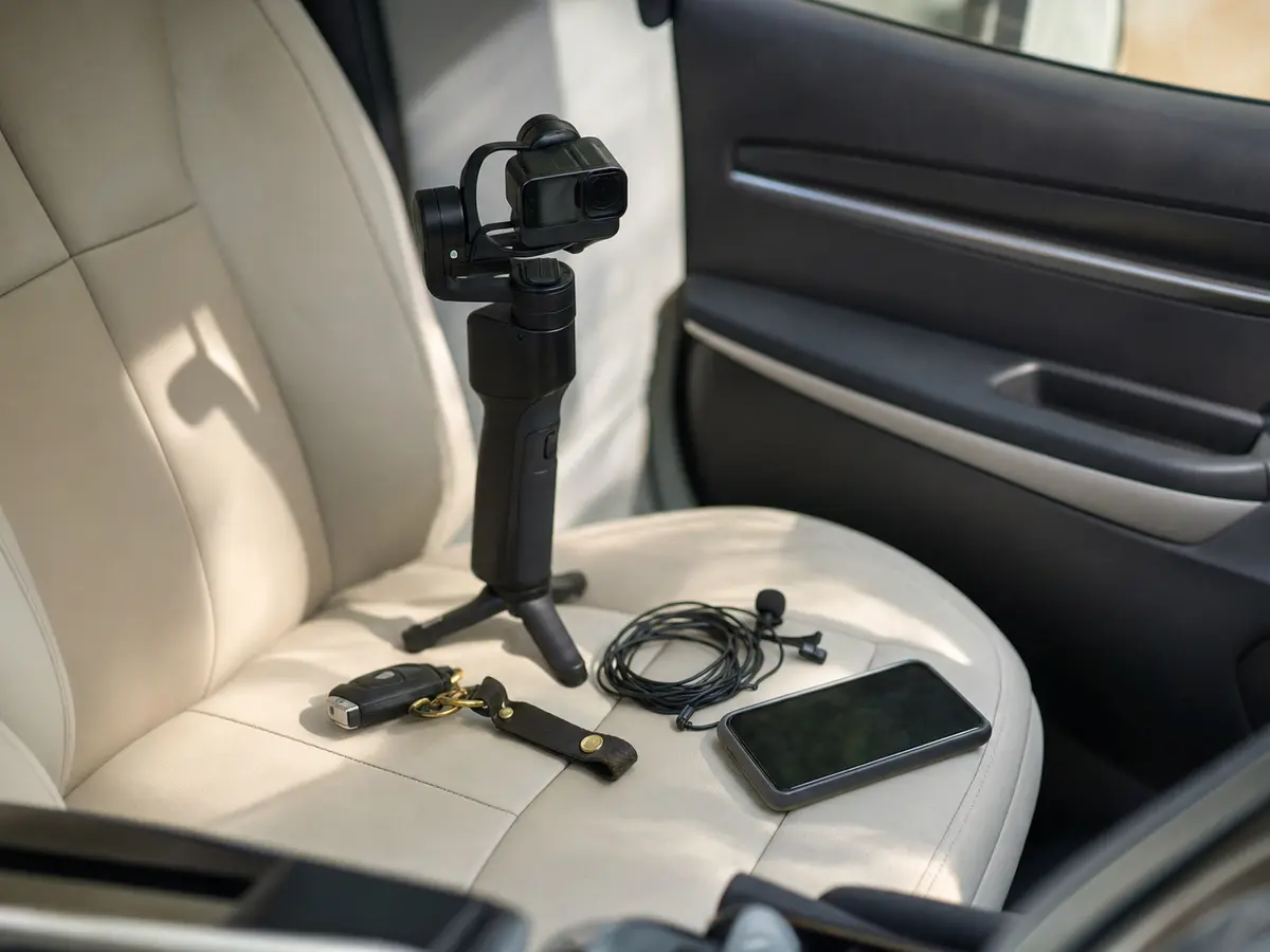 A small gimbal-mounted camera and a coiled wireless microphone laid out on a car seat