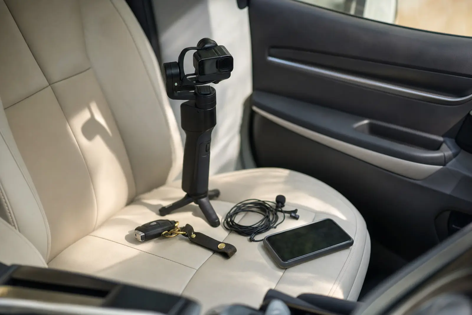 A small gimbal-mounted camera and a coiled wireless microphone laid out on a car seat