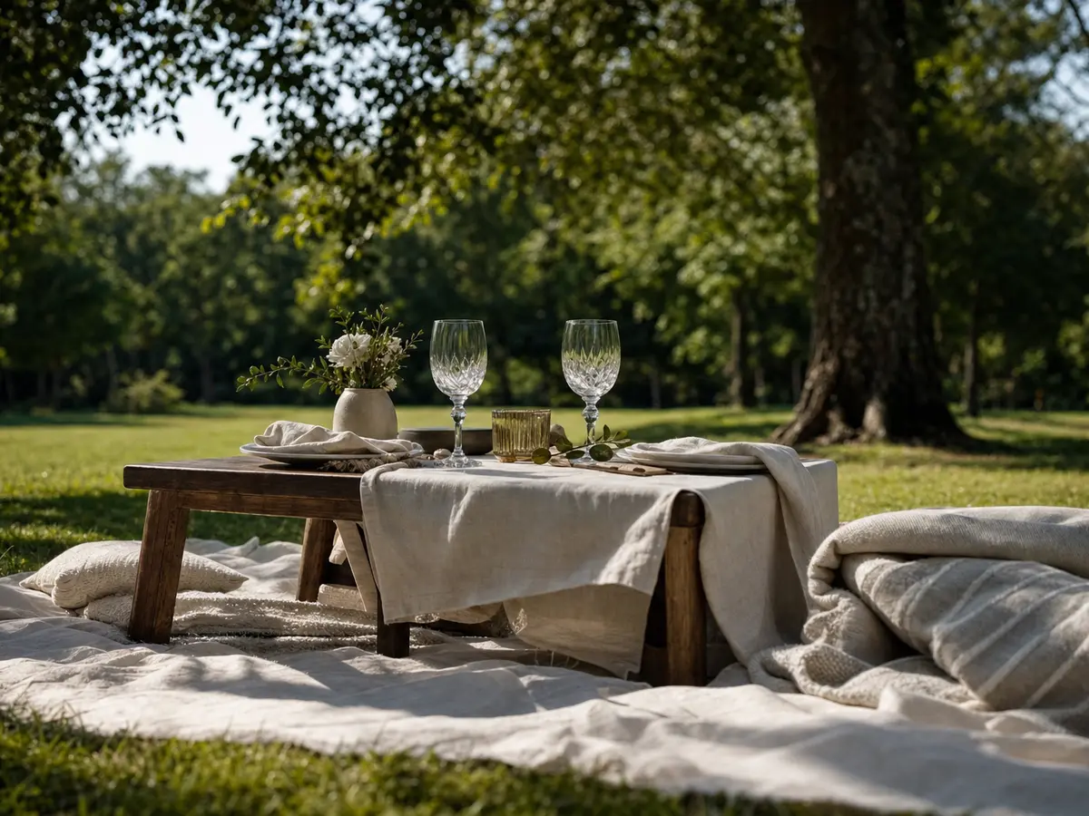 A low picnic table set with two glasses and a folded blanket in open shade before guests arrive