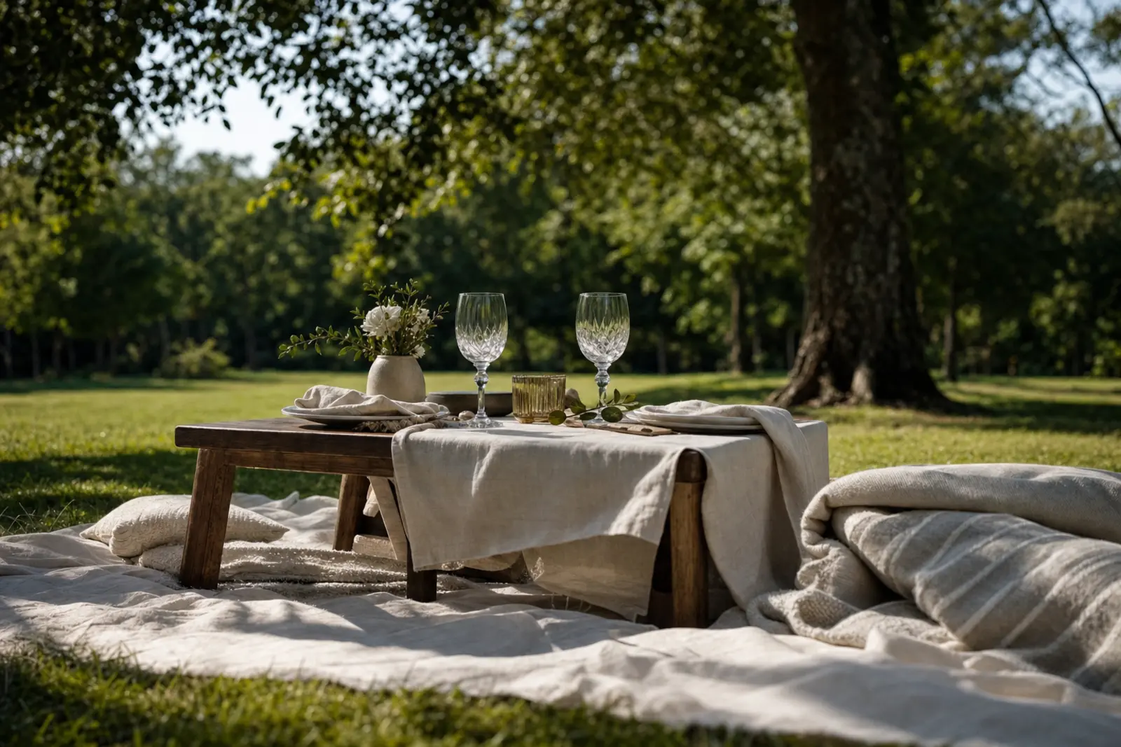 A low picnic table set with two glasses and a folded blanket in open shade before guests arrive
