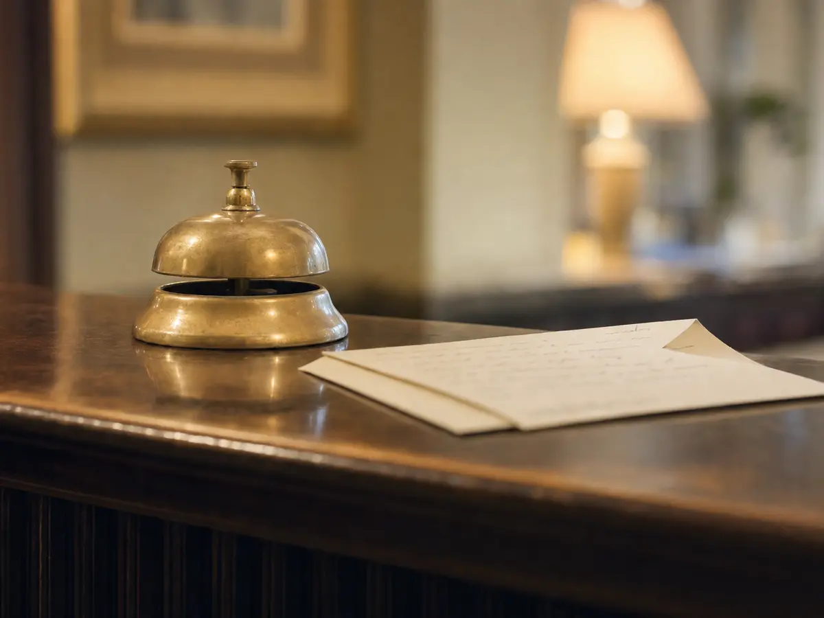 A hotel concierge desk bell and a folded note on a polished wooden counter