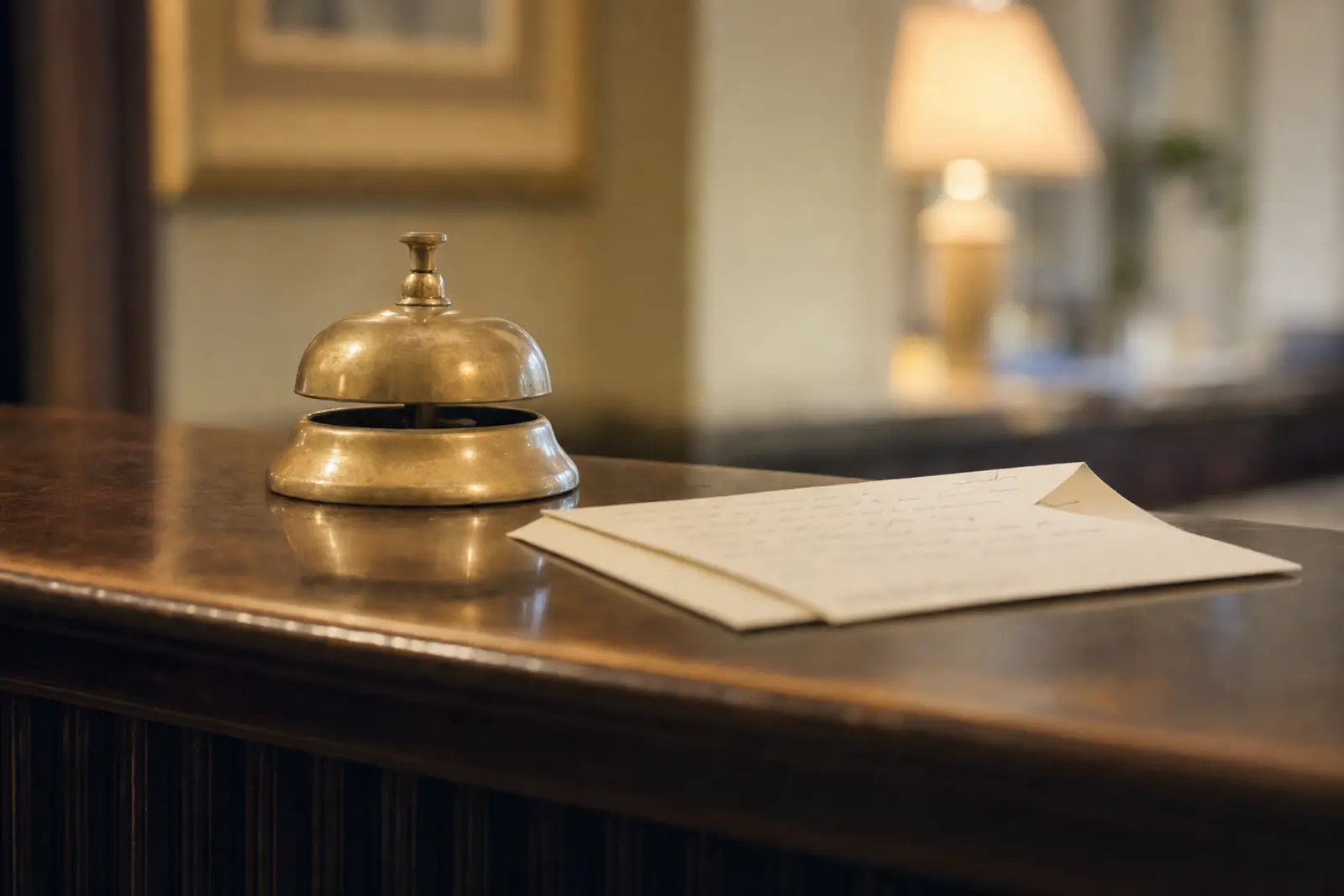 A hotel concierge desk bell and a folded note on a polished wooden counter