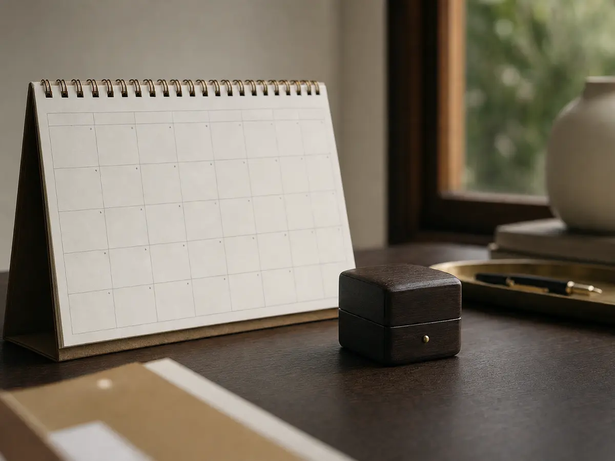 A plain desk calendar with no date marked, beside a closed ring box