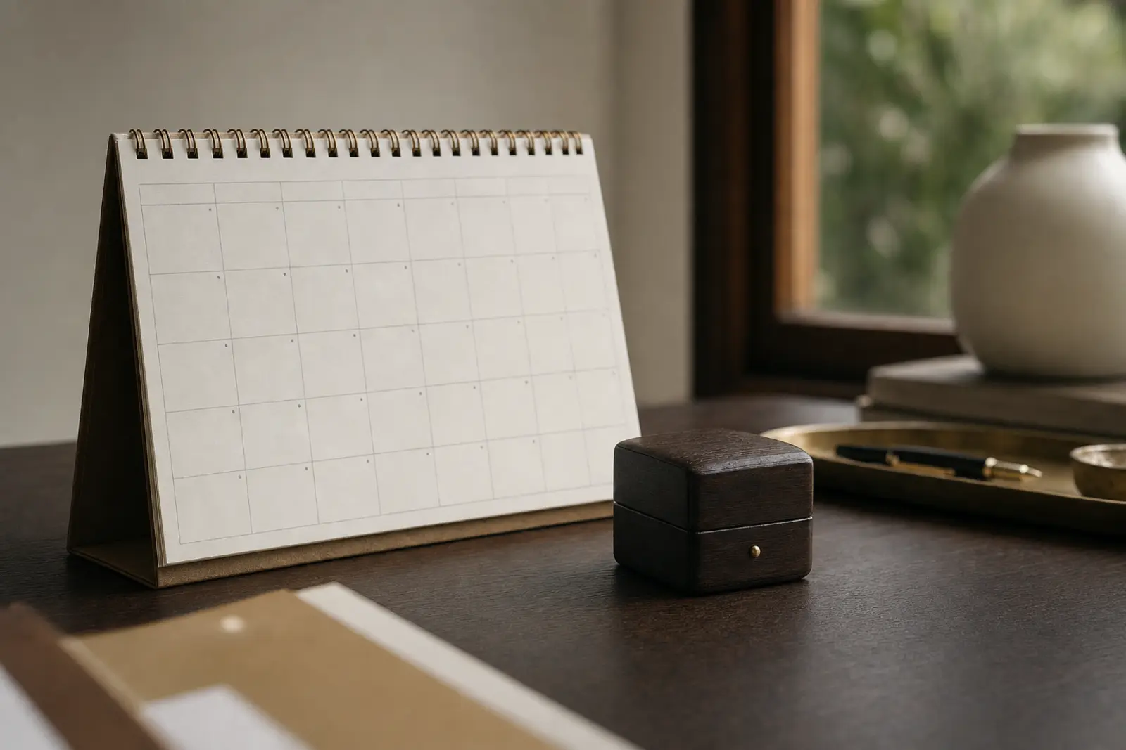 A plain desk calendar with no date marked, beside a closed ring box