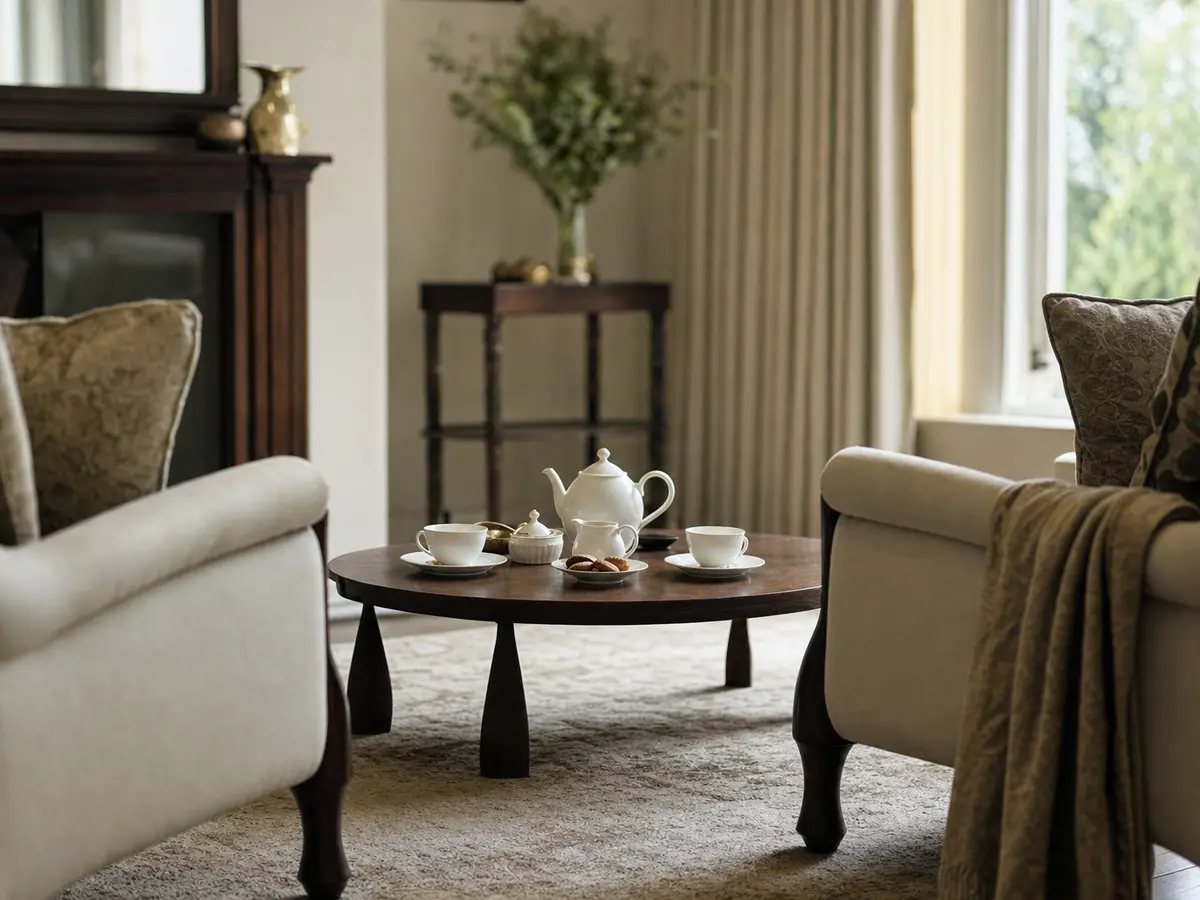 Two empty armchairs facing each other across a coffee table, a photograph left face down