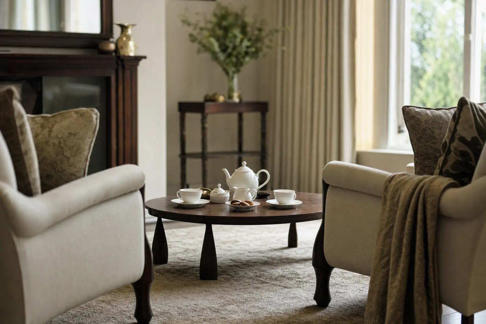 Two empty armchairs facing each other across a coffee table, a photograph left face down