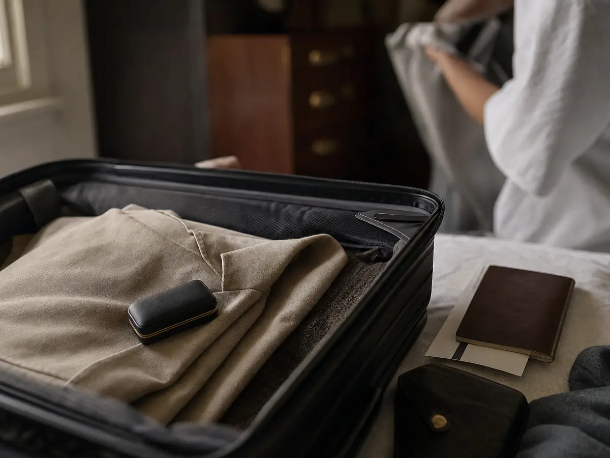 A passport, a boarding pass and a slim ring case laid on top of a folded jacket in a suitcase