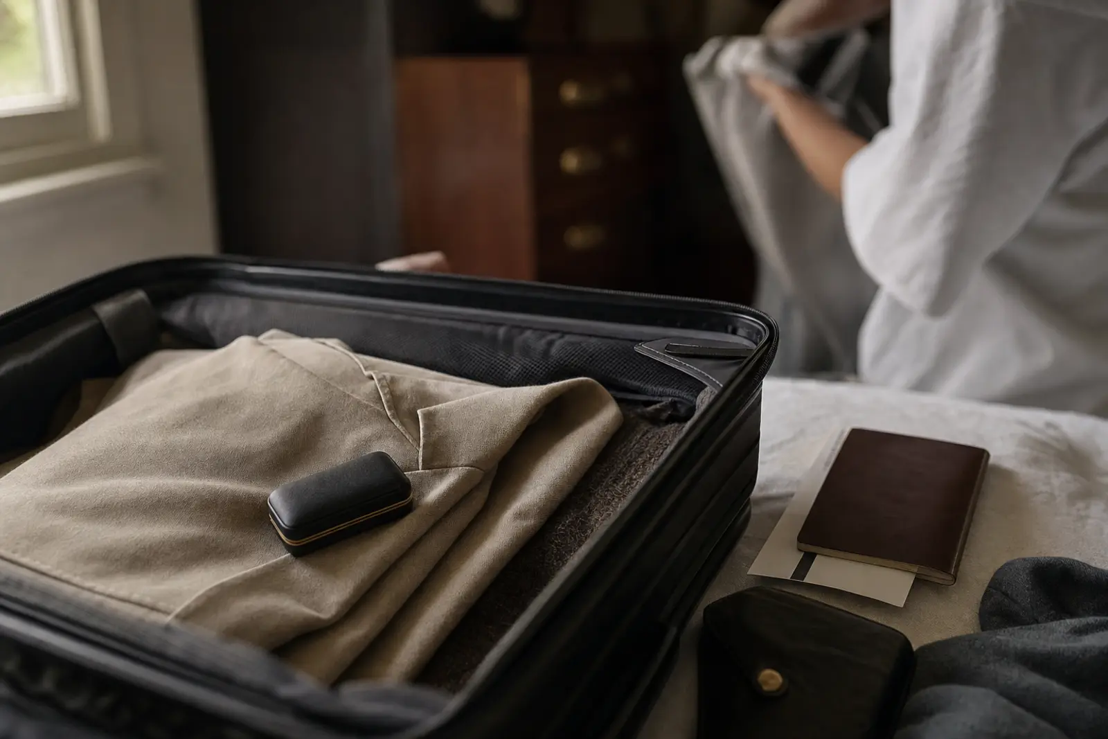 A passport, a boarding pass and a slim ring case laid on top of a folded jacket in a suitcase