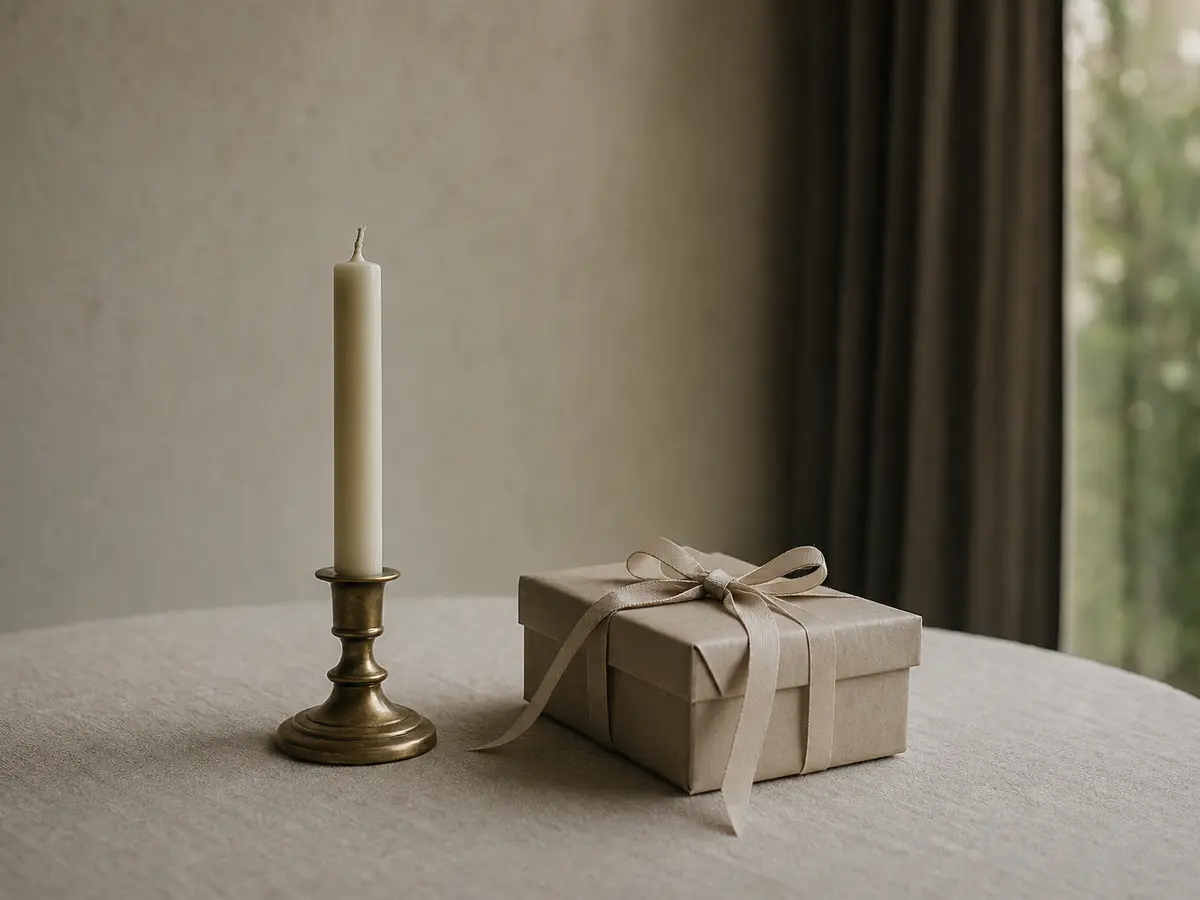 A single unlit candle beside a wrapped gift box on a plain table