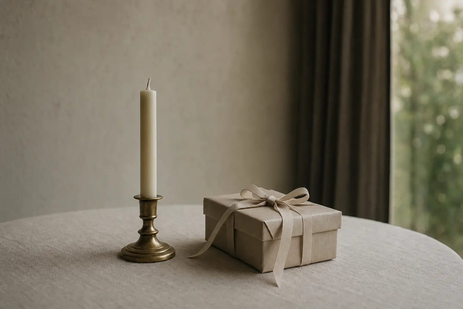 A single unlit candle beside a wrapped gift box on a plain table