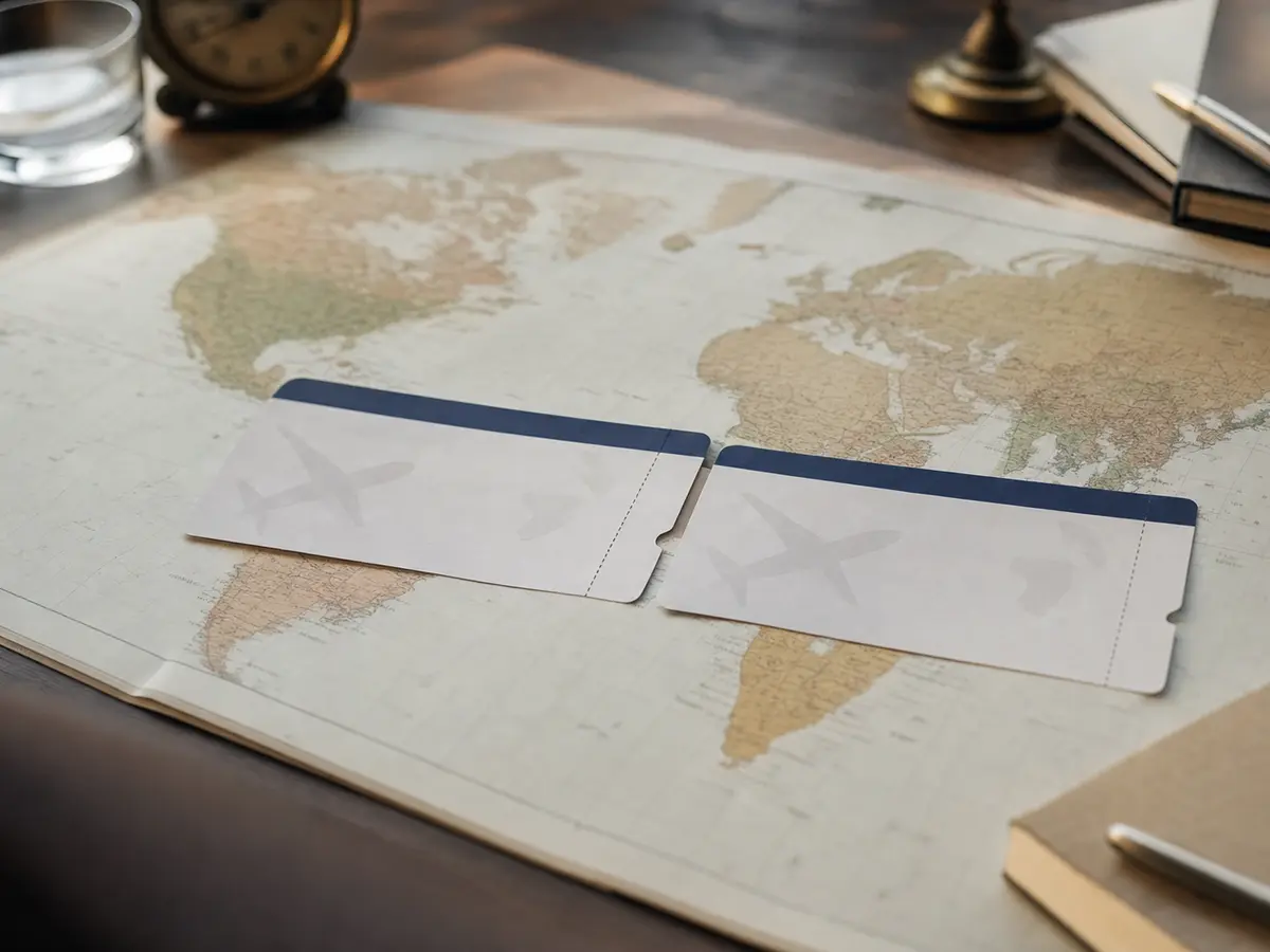Two boarding passes for different flights laid side by side on a map, no destinations visible