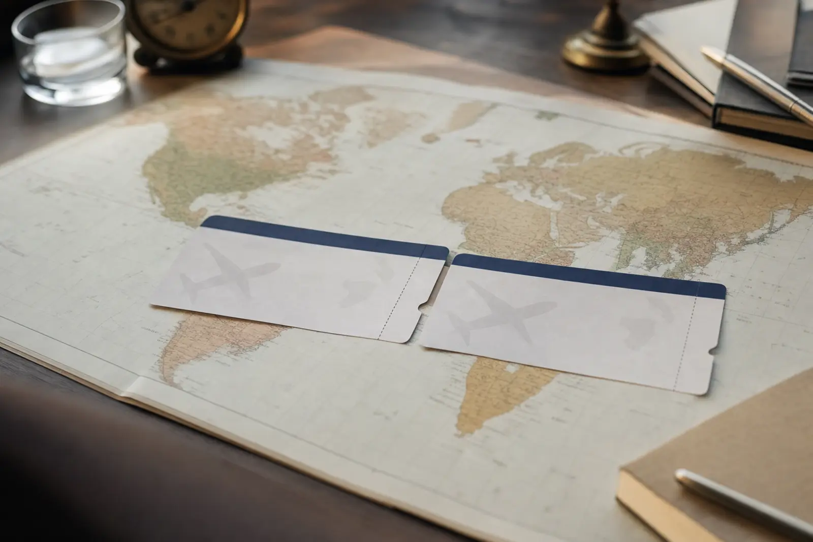Two boarding passes for different flights laid side by side on a map, no destinations visible