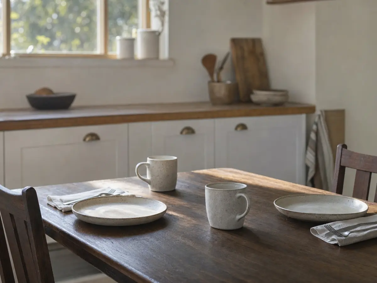 A quiet, uncluttered kitchen table set for two, morning light, nothing staged