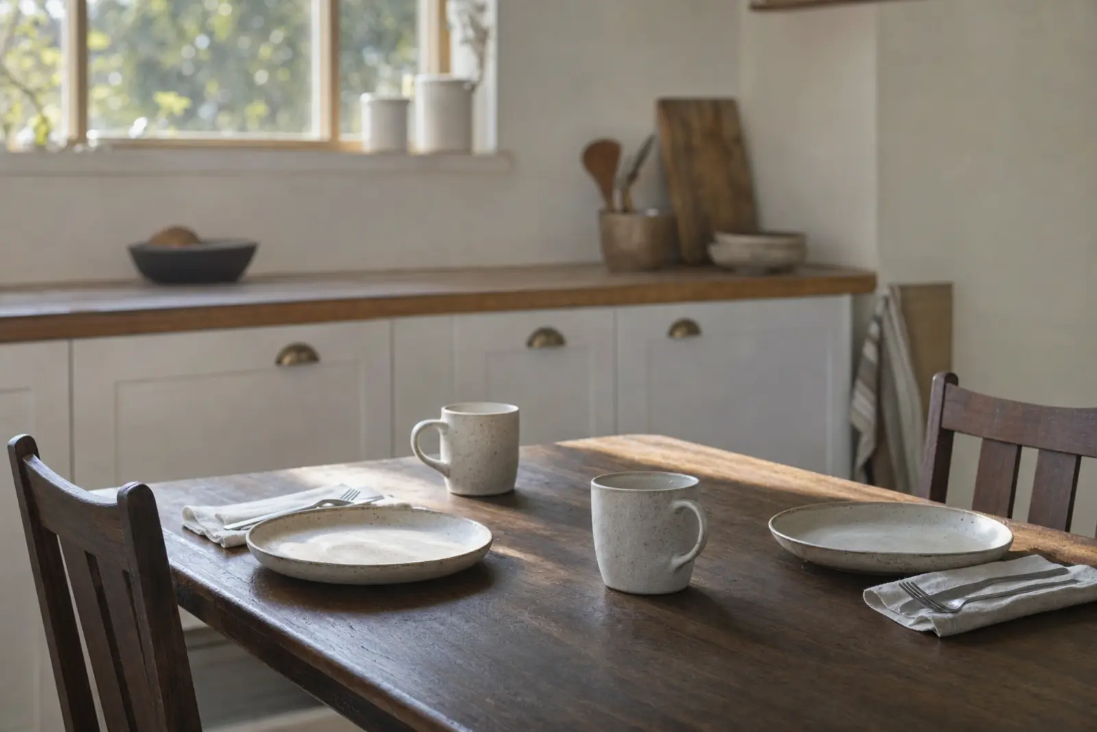 A quiet, uncluttered kitchen table set for two, morning light, nothing staged