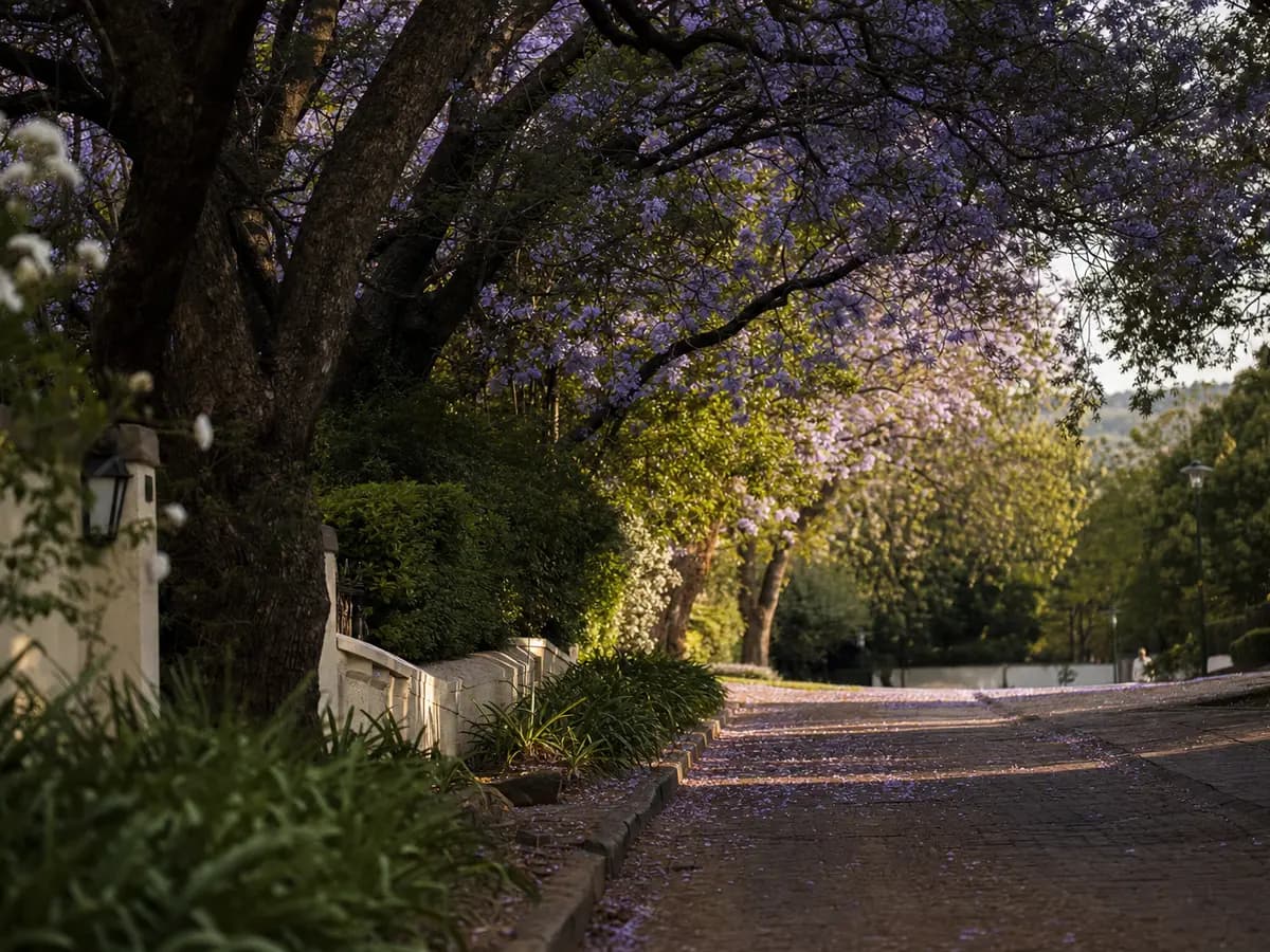 Jacaranda blossom over a quiet street in a Pretoria suburb