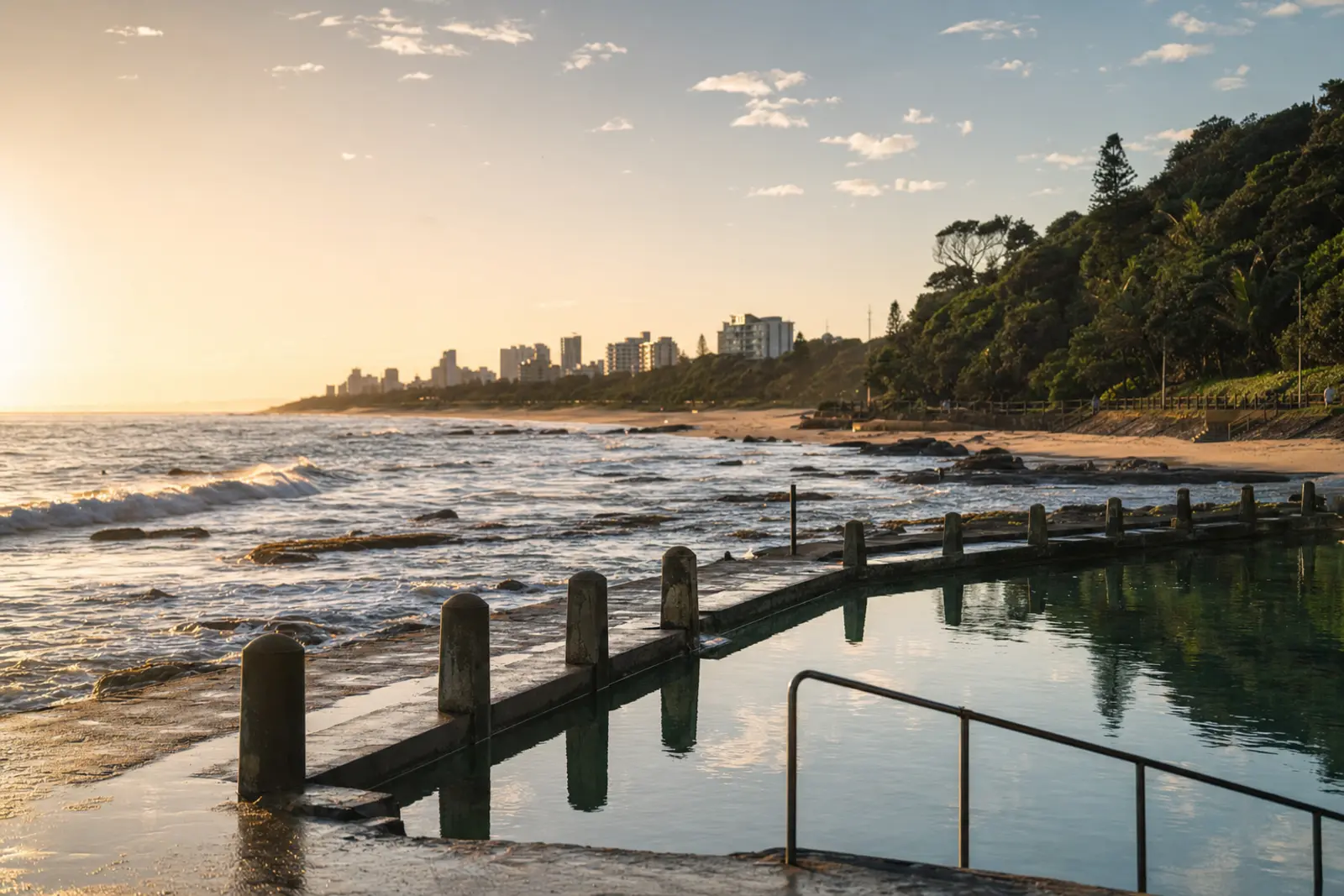 First light on the Durban beachfront promenade, empty of people
