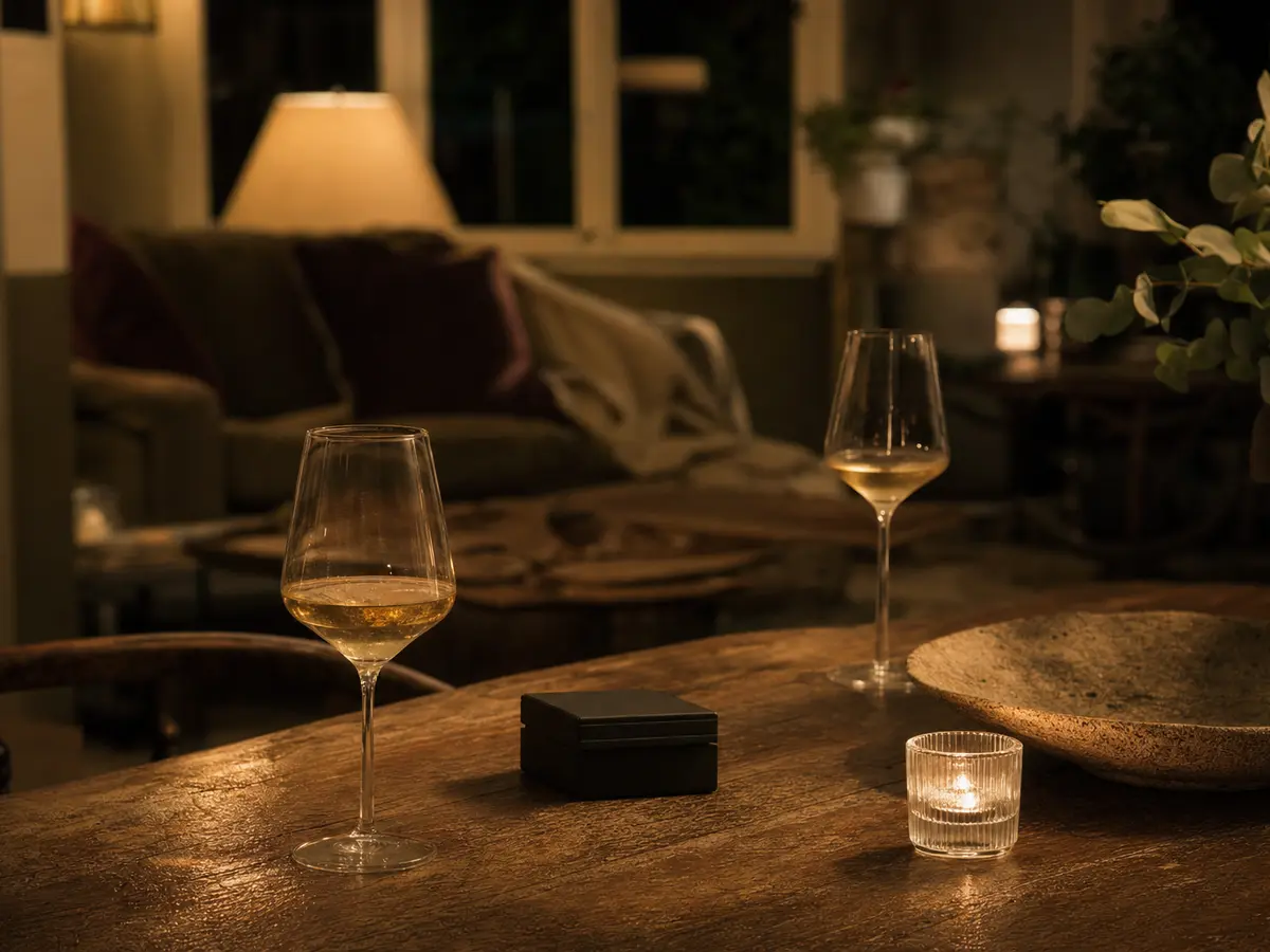 A softly lit lounge at home in the evening, table set for two