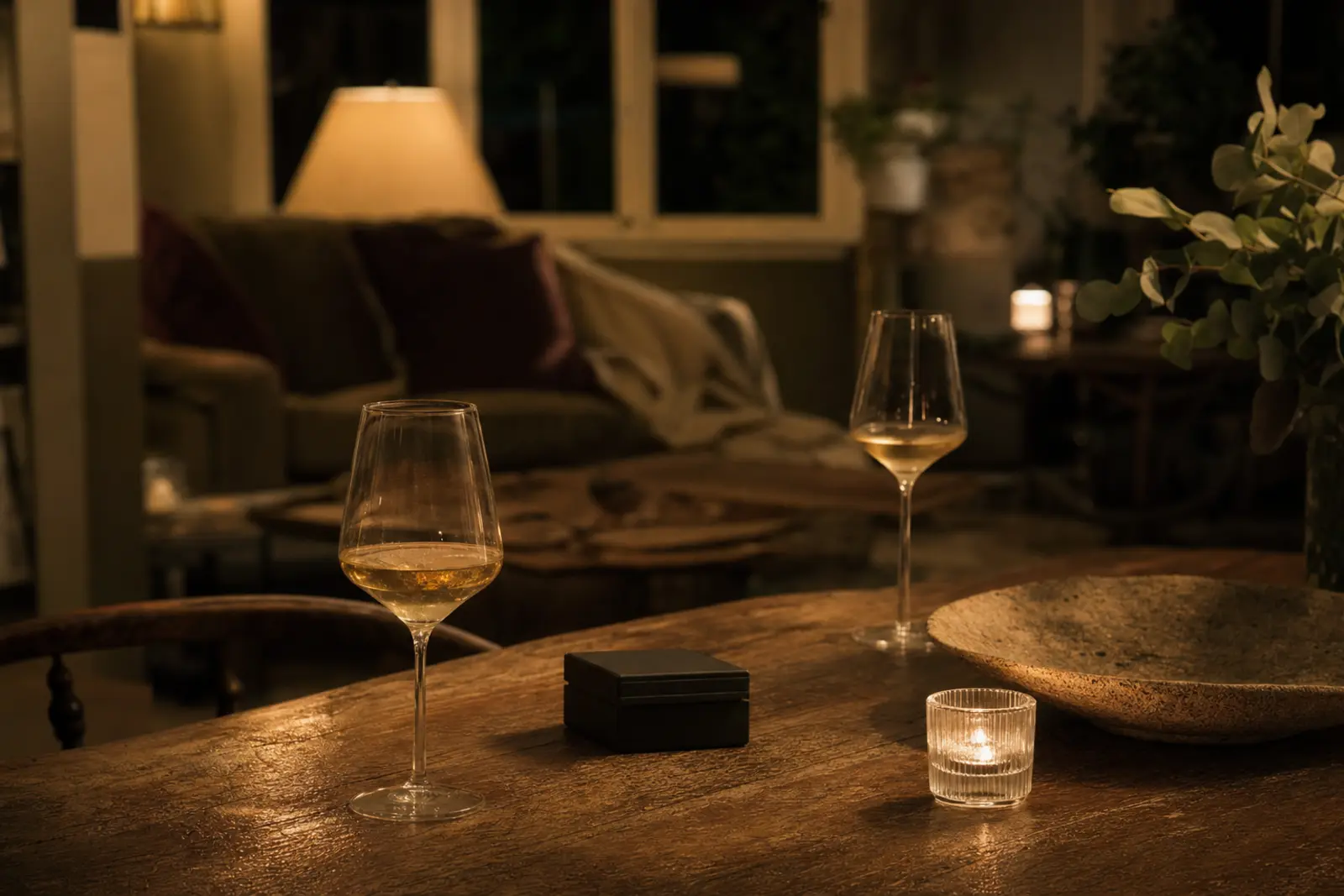 A softly lit lounge at home in the evening, table set for two